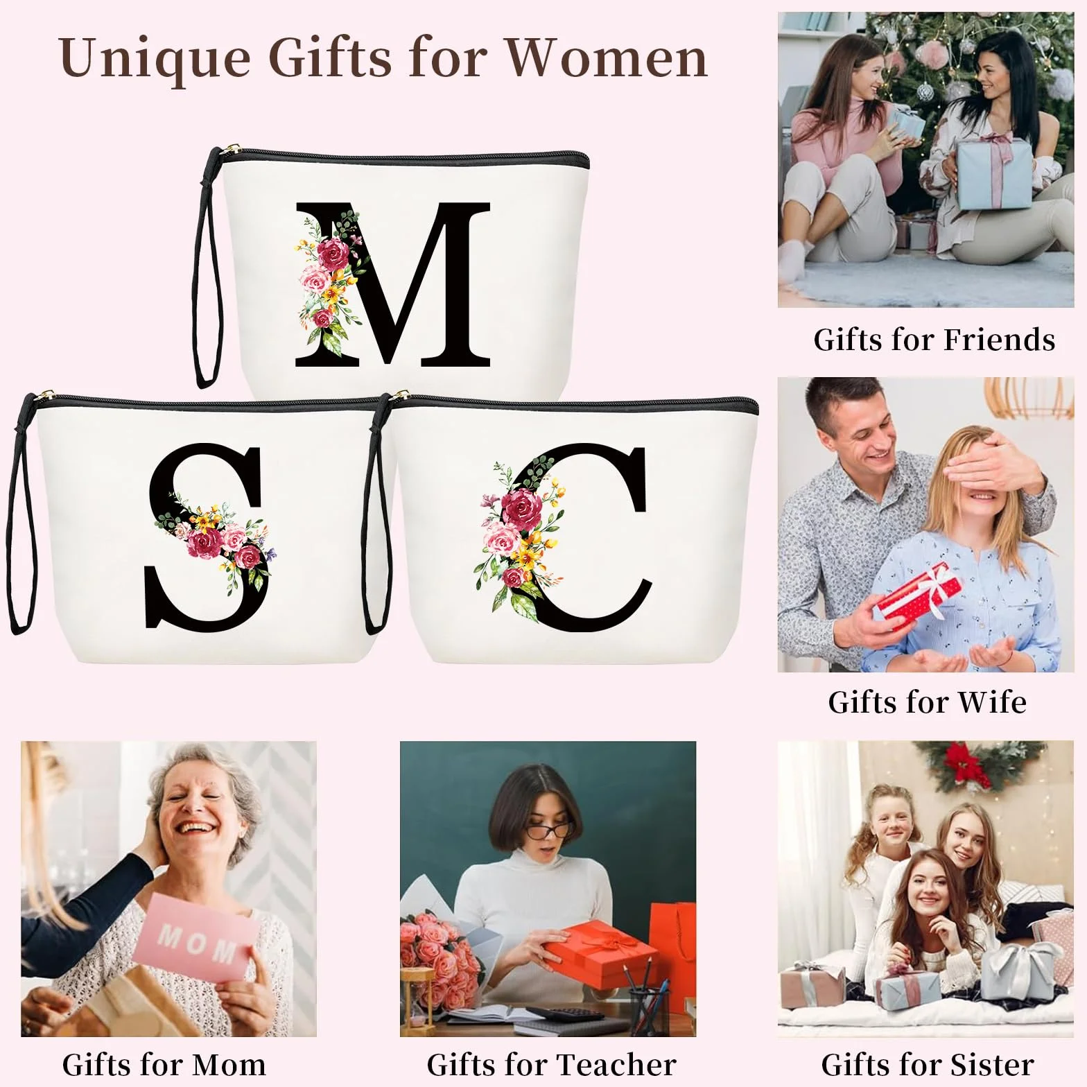 Grande Borsa Cosmetici Personalizzata Iniziale, Pochette Trucchi Viaggio, Trousse Trucchi Organizer, Regalo Compleanno Natale per Donna