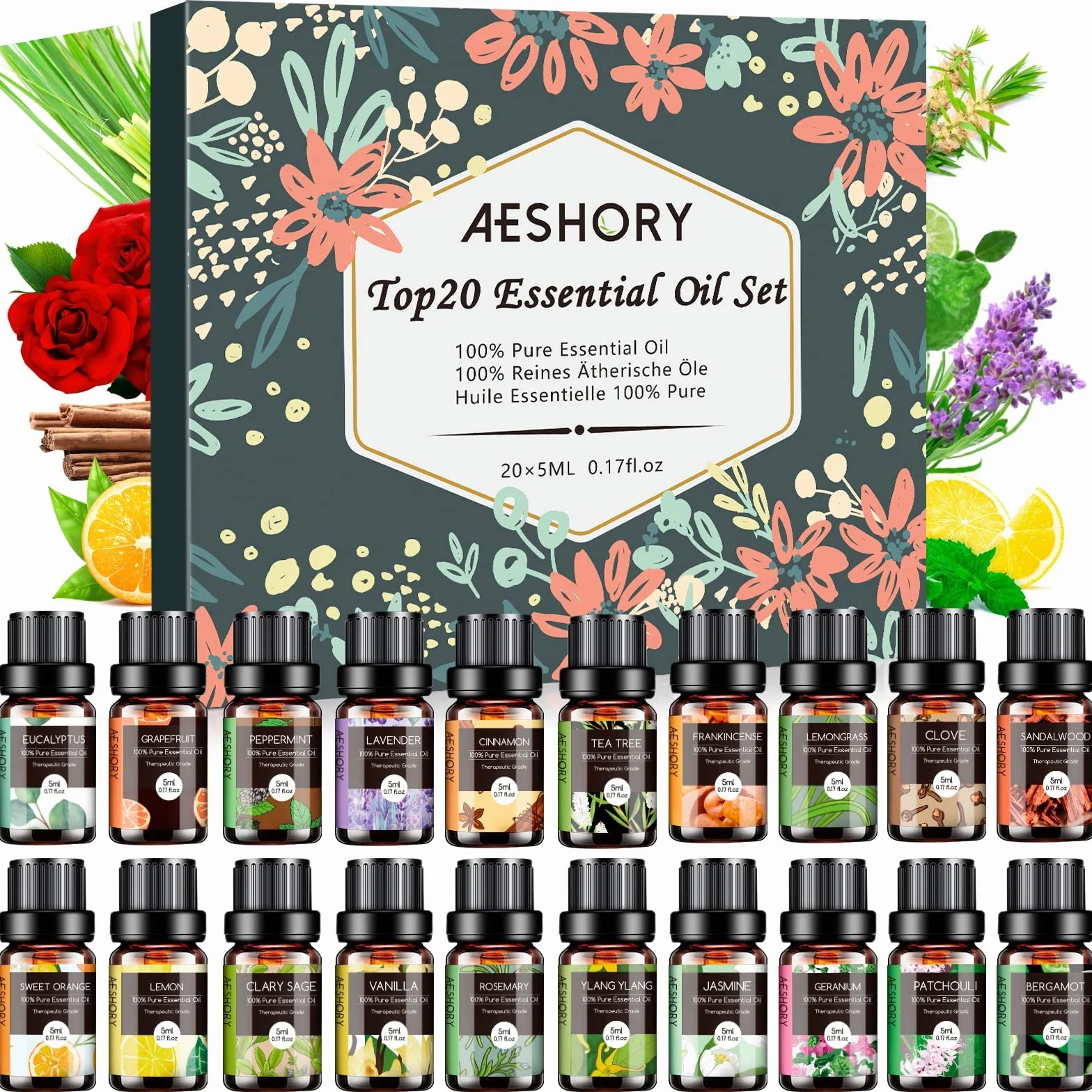 AESHORY Set di Oli Essenziali per Diffusori Umidificatore 20 x 5ML, Olio Essenziale Naturali per Aromaterapia, Candele Fai Da Te, Profumate, Massaggio, SPA - Lavanda, Tea Tree, Citronella, Incenso
