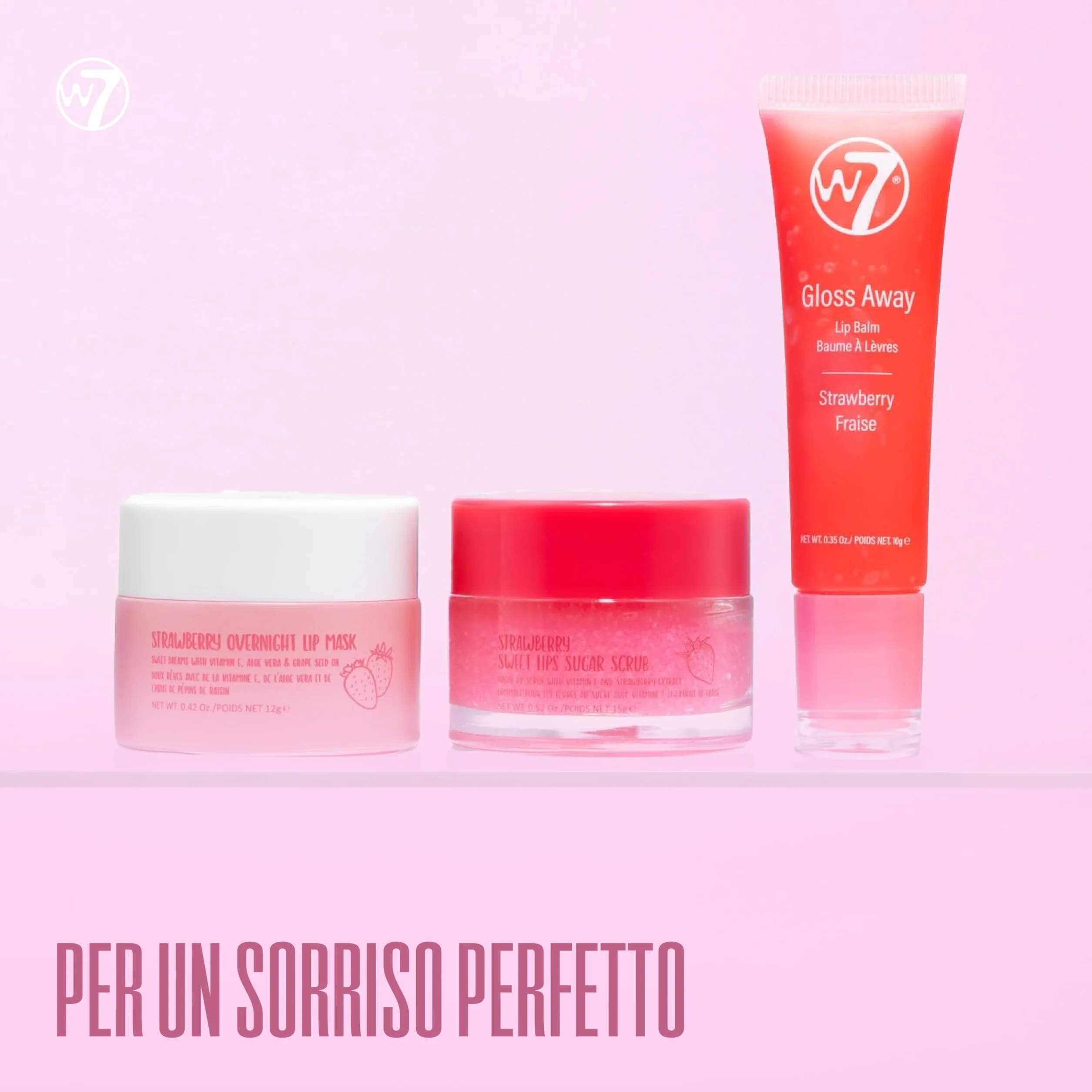 W7 Trio per la cura delle labbra Sweet Dreams - Set da 3 pezzi - Maschera notte, burrocacao e scrub labbra - Fragola