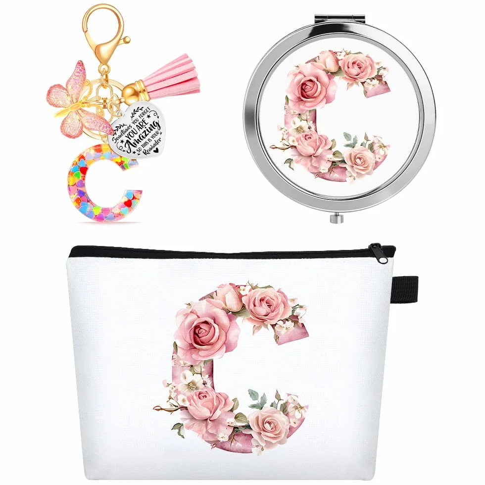 WALLFID Pochette Personalizzata con Lettere, Pochette da Make-up con Specchio & Portachiavi Motivazionale, Iniziali A–Z, Ideale come Regalo per Ragazze, Donne & Testimoni di Nozze (C)