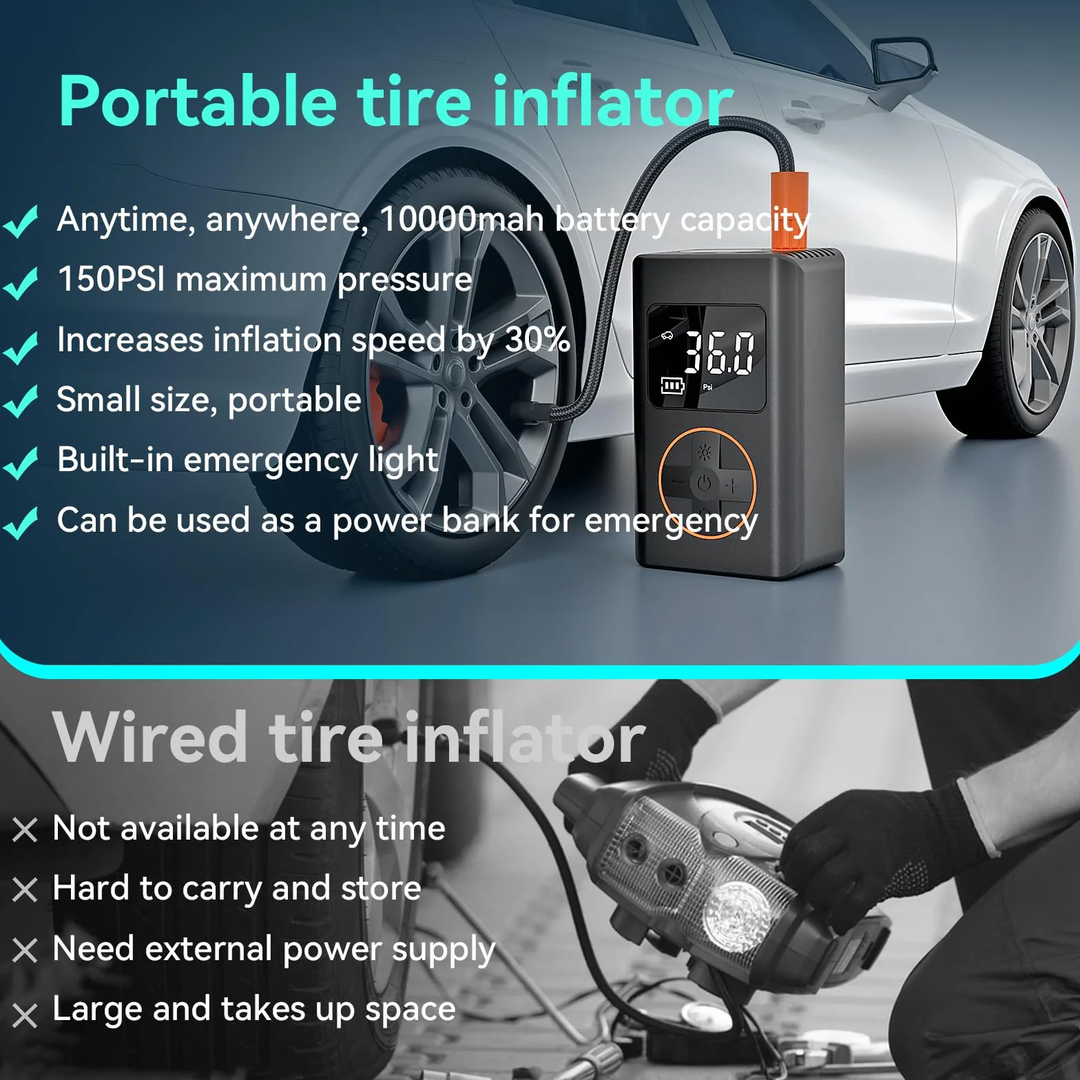 WYRIAZA Compressore Aria Portatile Auto 150PSI, Gonfiatore Elettrico Portatile 10000mAh, Mini Compressore, Pompa Elettrica è Adatto per Auto, Moto, Bicicletta, Palla