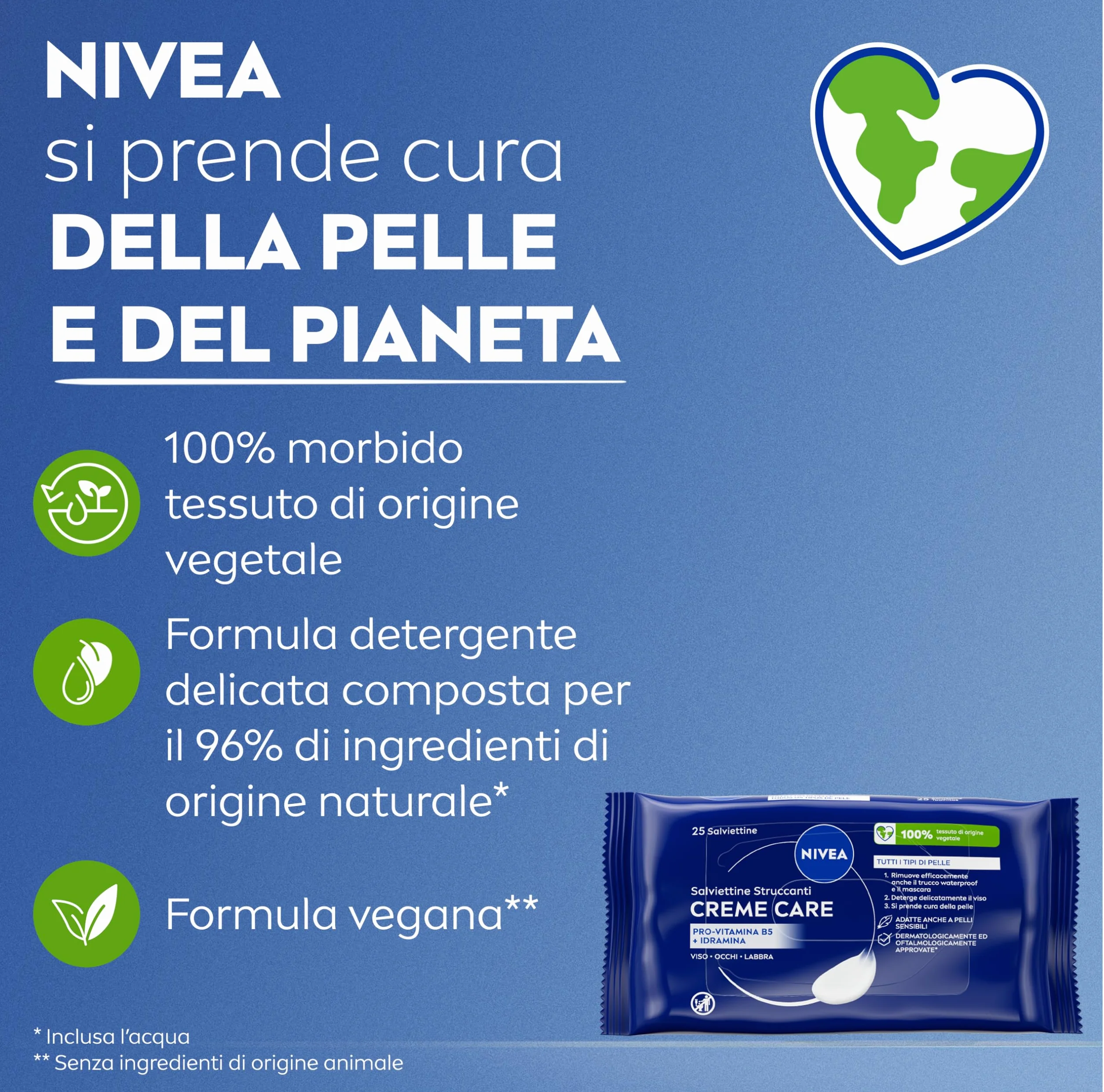 NIVEA Salviettine Struccanti Creme Care 25 Pezzi, Struccante viso e occhi e labbra per trucco waterproof, Con Pro-Vitamina B5 e Idramina, Detergente viso nutriente per tutti i tipi di pelle