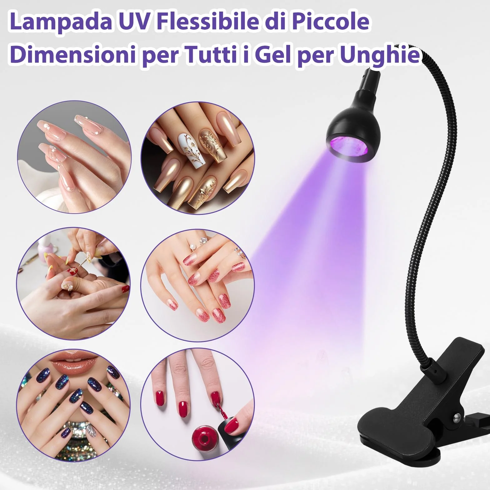 Lampada UV LED Unghie 5W Mini Portatile con Clip, 360° Testa Regolabile per Gel Resina Colla UV, USB Nero