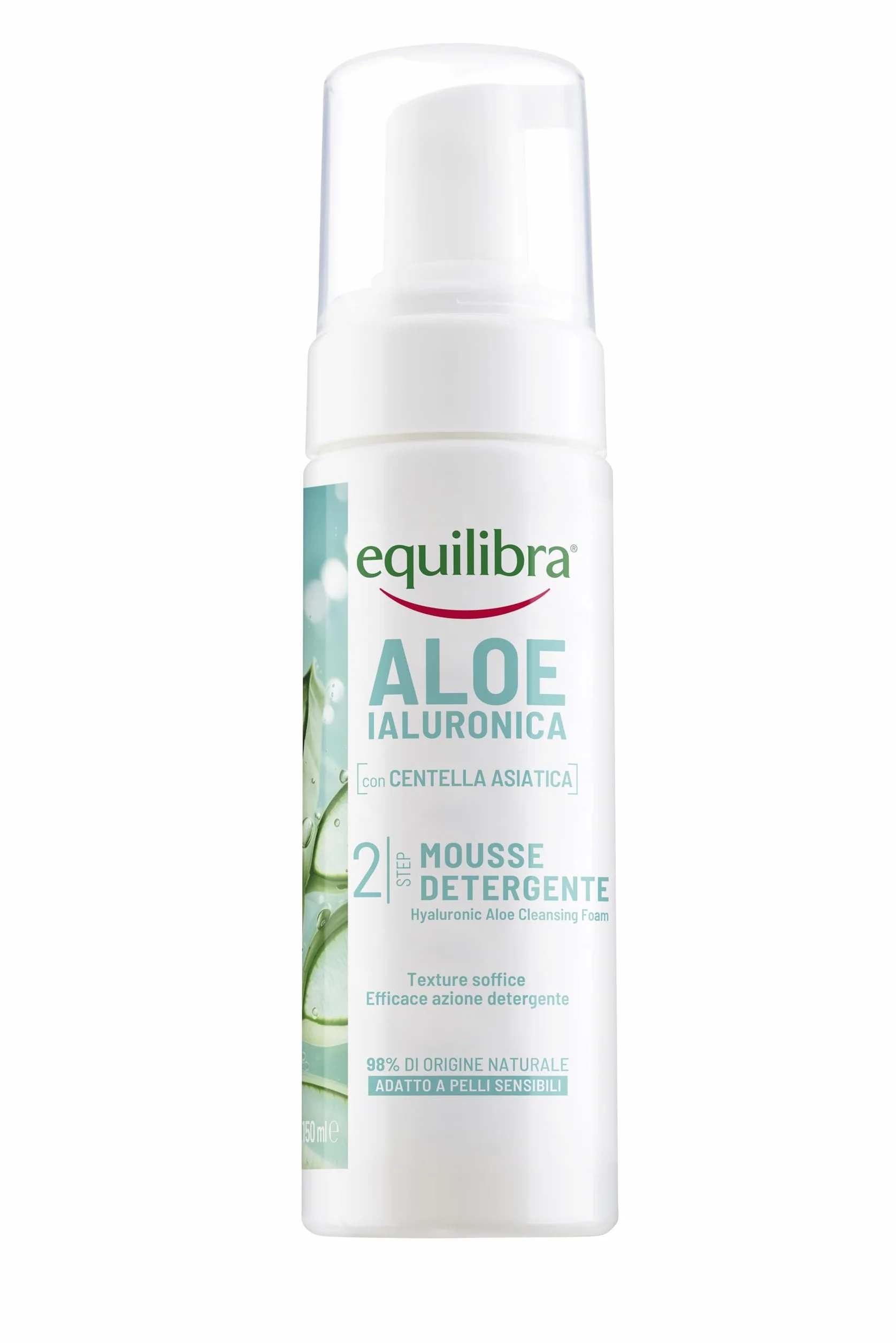 Equilibra, Aloe Ialuronica Mousse Detergente Viso, con Succo di Aloe, Acido Ialuronico ai 3 Pesi Molecolari e Centella Asiatica, Doppia Detersione, per Pelli Sensibili, Clinicamente Testata, 150ml