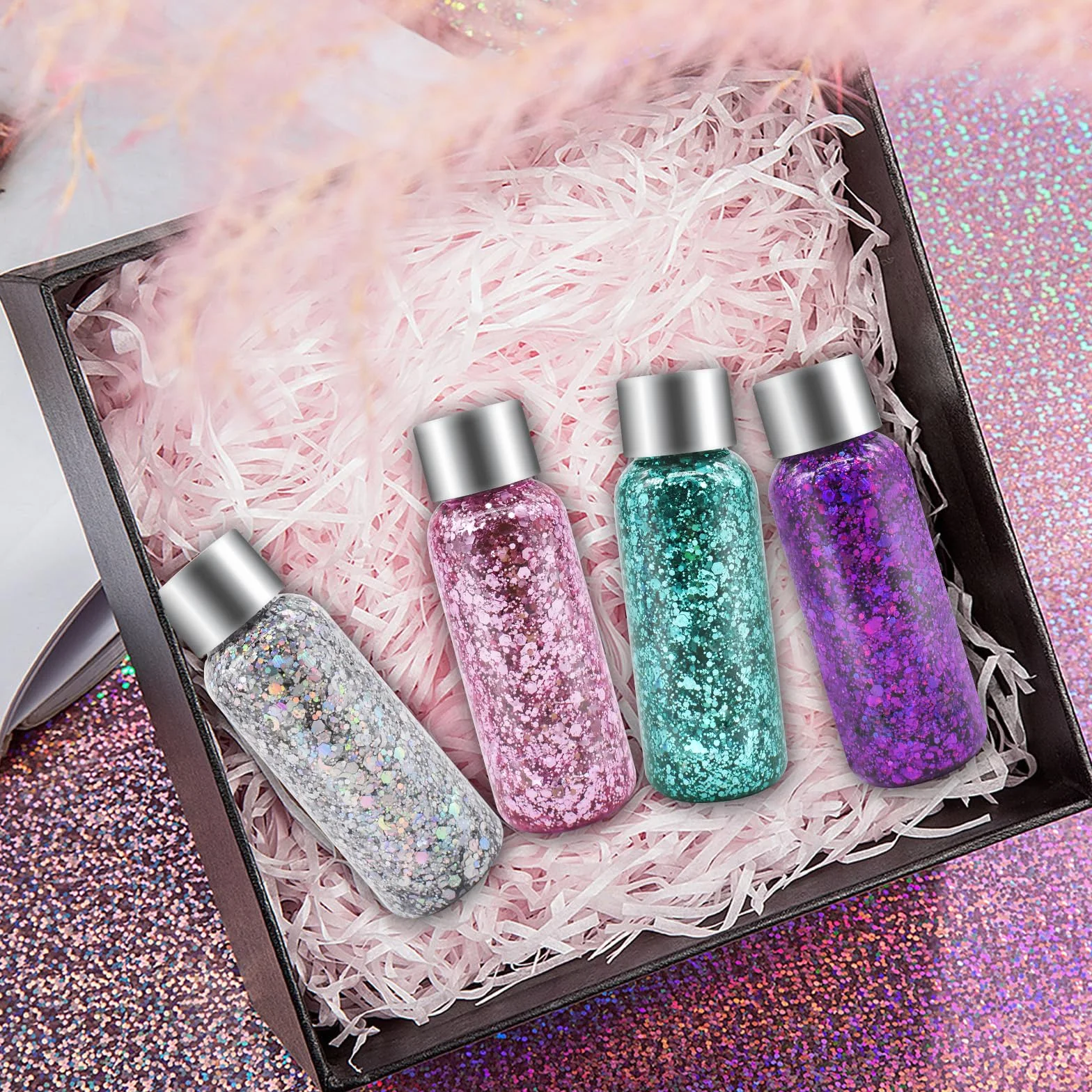6 Bottiglia Glitter Body Gel,Brillantini Make Up,Gel Glitterato Viso con Lustrini,per Viso,Unghie,Occhi,Labbra,Capelli,Corpo,per Musica,Festival,Feste in Maschera(Bianco/Oro/Argento/Rosa/Verde/Viola)