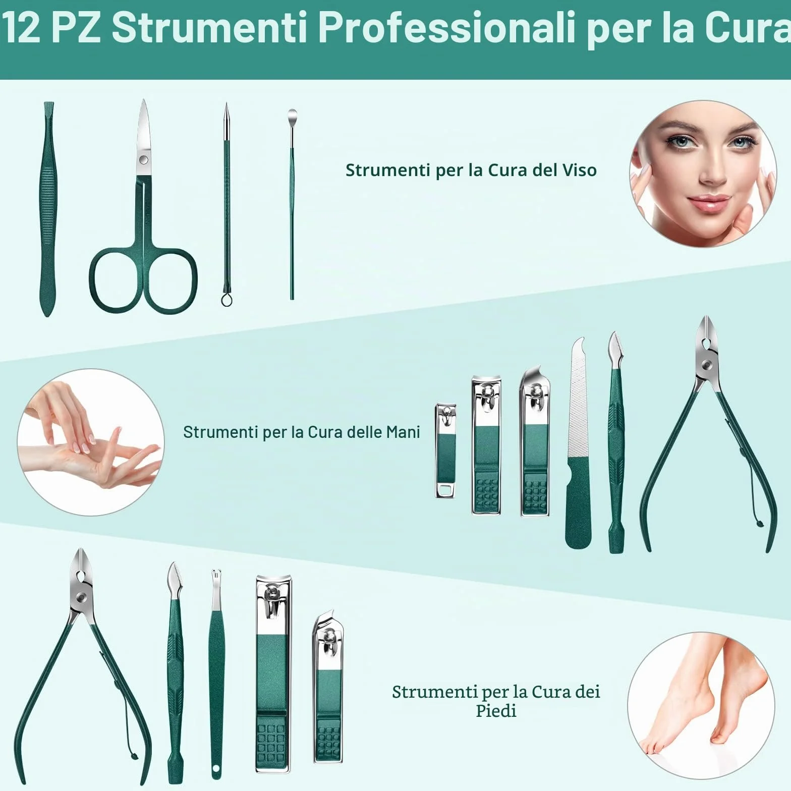Set Manicure 12 Pezzi Tagliaunghie Professionale Acciaio Inox Kit Pedicure con Custodia