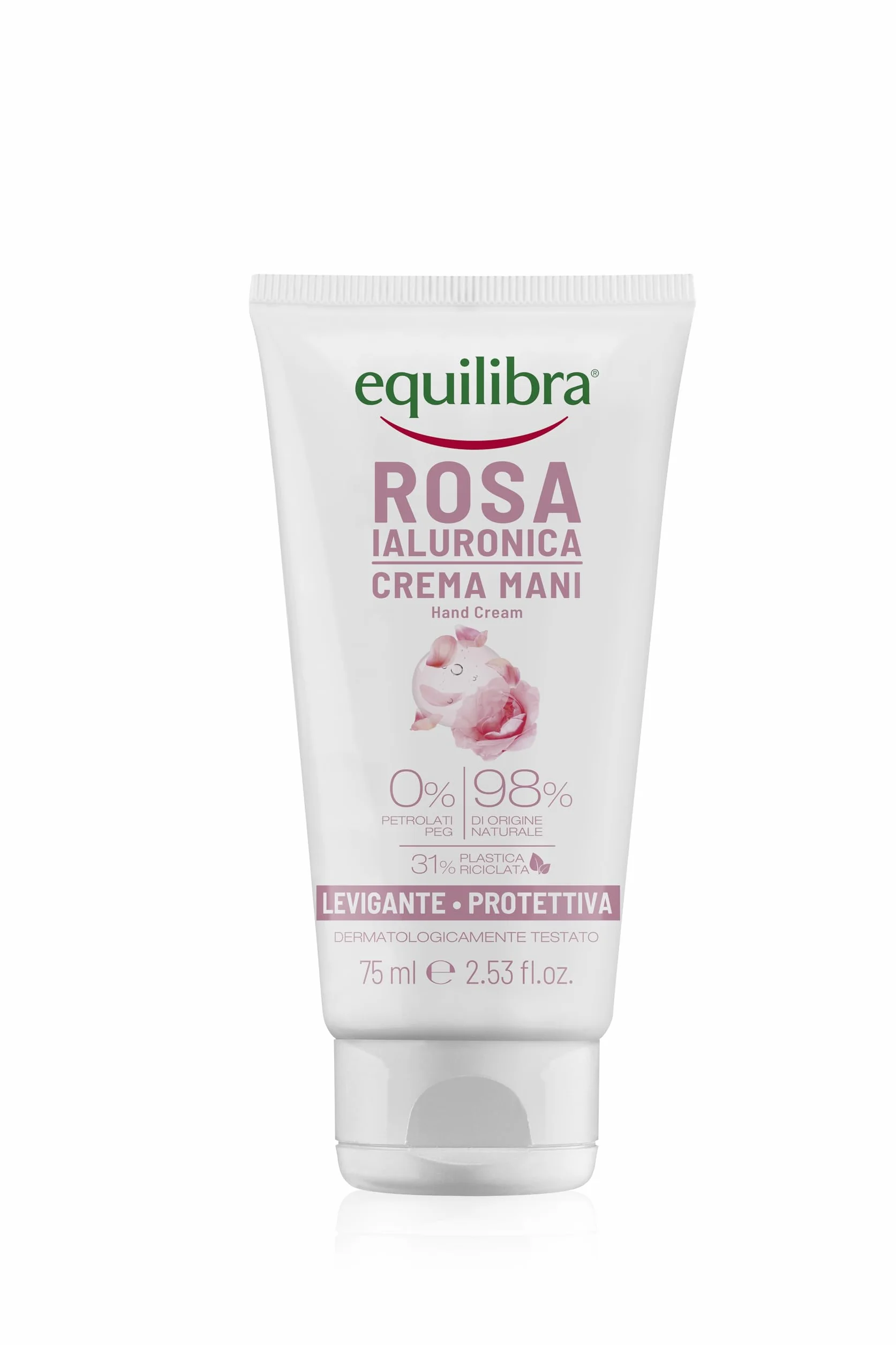 Equilibra, Crema Mani, Levigante e Protettiva, 75ml, con Estratto di Rosa Damascena, Acido Ialuronico e Glicerina Vegetale, 98% Origine Naturale, Assorbimento Rapido, Non Unge, Delicatamente Profumata