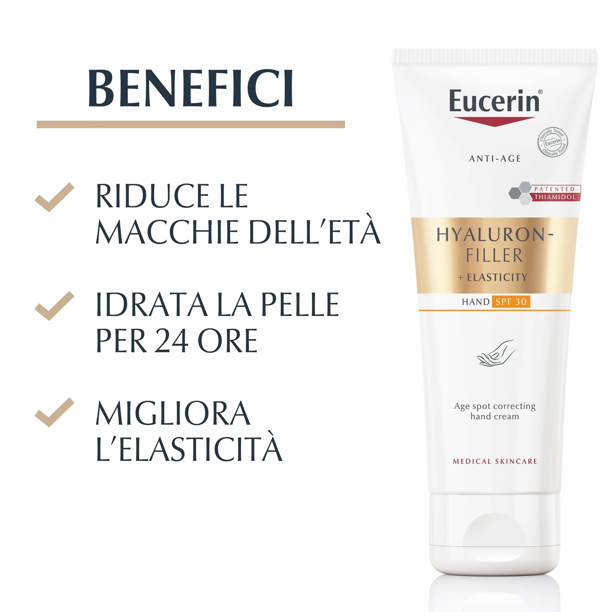 Eucerin Hyaluron-Filler + Elasticity Crema Mani Anti-età & Anti-macchie SPF 30 75 ml, Crema mani antiage e antimacchia, Formula riparatrice con Acido Ialuronico per secche e screpolate