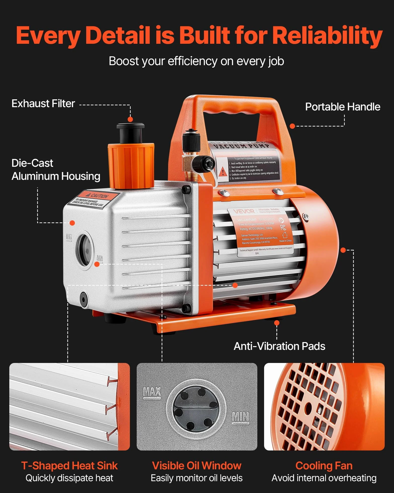 VEVOR Pompa per Vuoto 100 L/min a Palette Rotanti Monostadio HVAC R134a R22 R410a