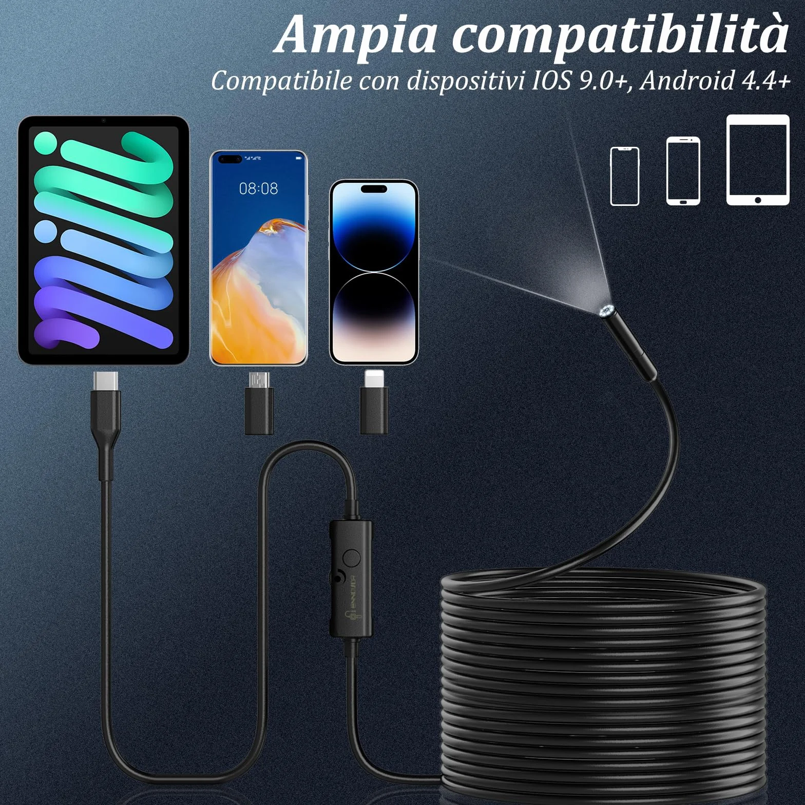 Endoscopio per Smartphone 1920P HD IP67 Sonda Impermeabile 8 LED Cavo Semirigido 10 m Android iOS