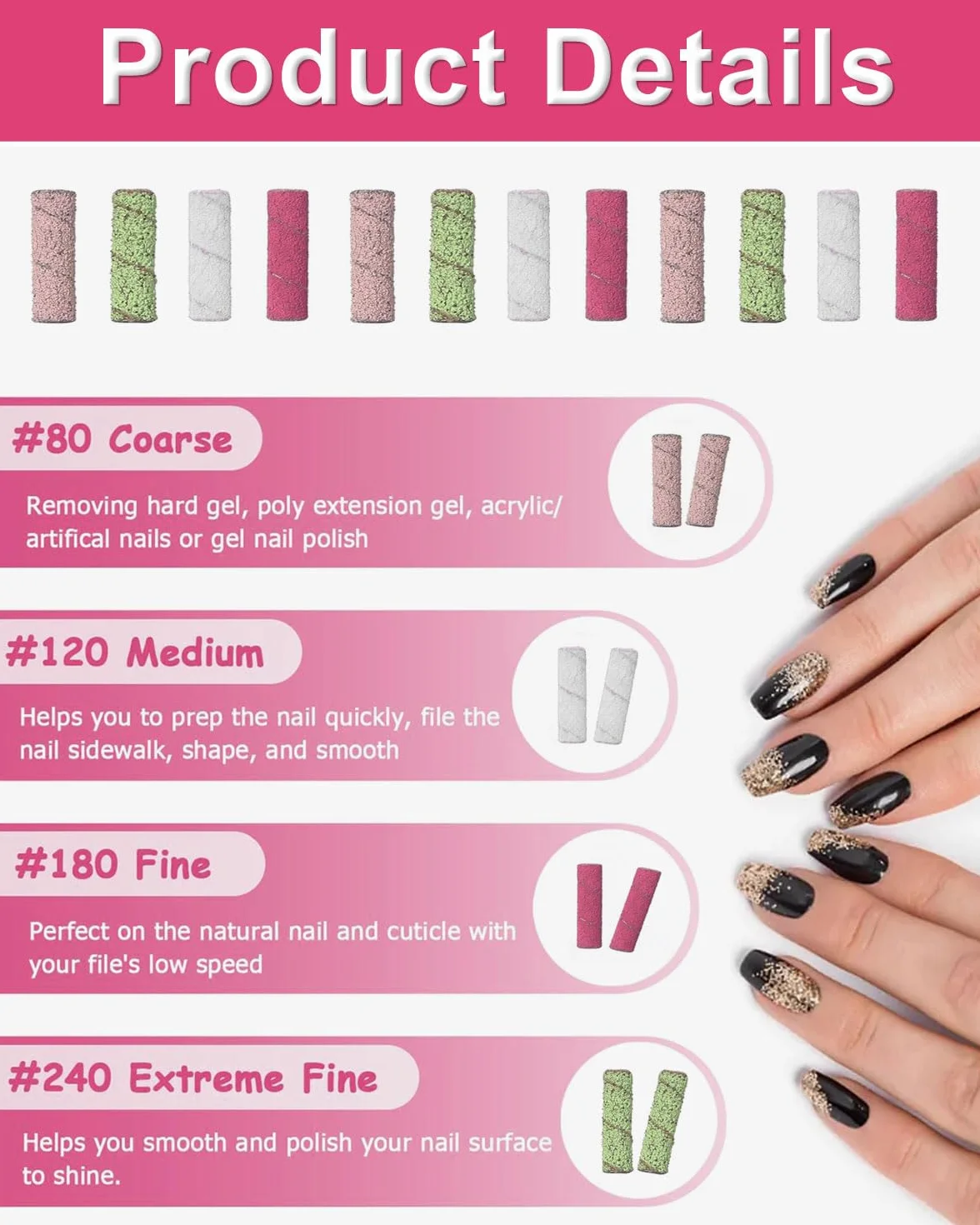 Fasce Abrasive Unghie 60 Pezzi, Rullo Lima Unghie Grana 80 120 180 240, Tappi Abrasivi con Punta Trapano per Manicure Pedicure