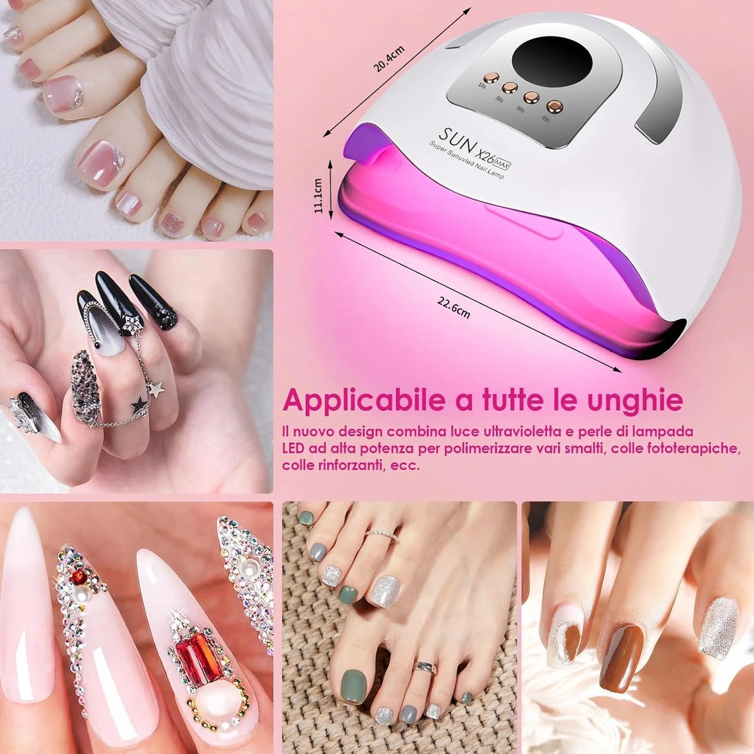 Lampada Unghie Professionale SUN X26 Max 380W – UV/LED 42 Doppie Perle, Asciugatura Rapida, 4 Timer, Sensore Smart – Per Gel, Semipermanente, Ricostruzione – Manicure & Pedicure