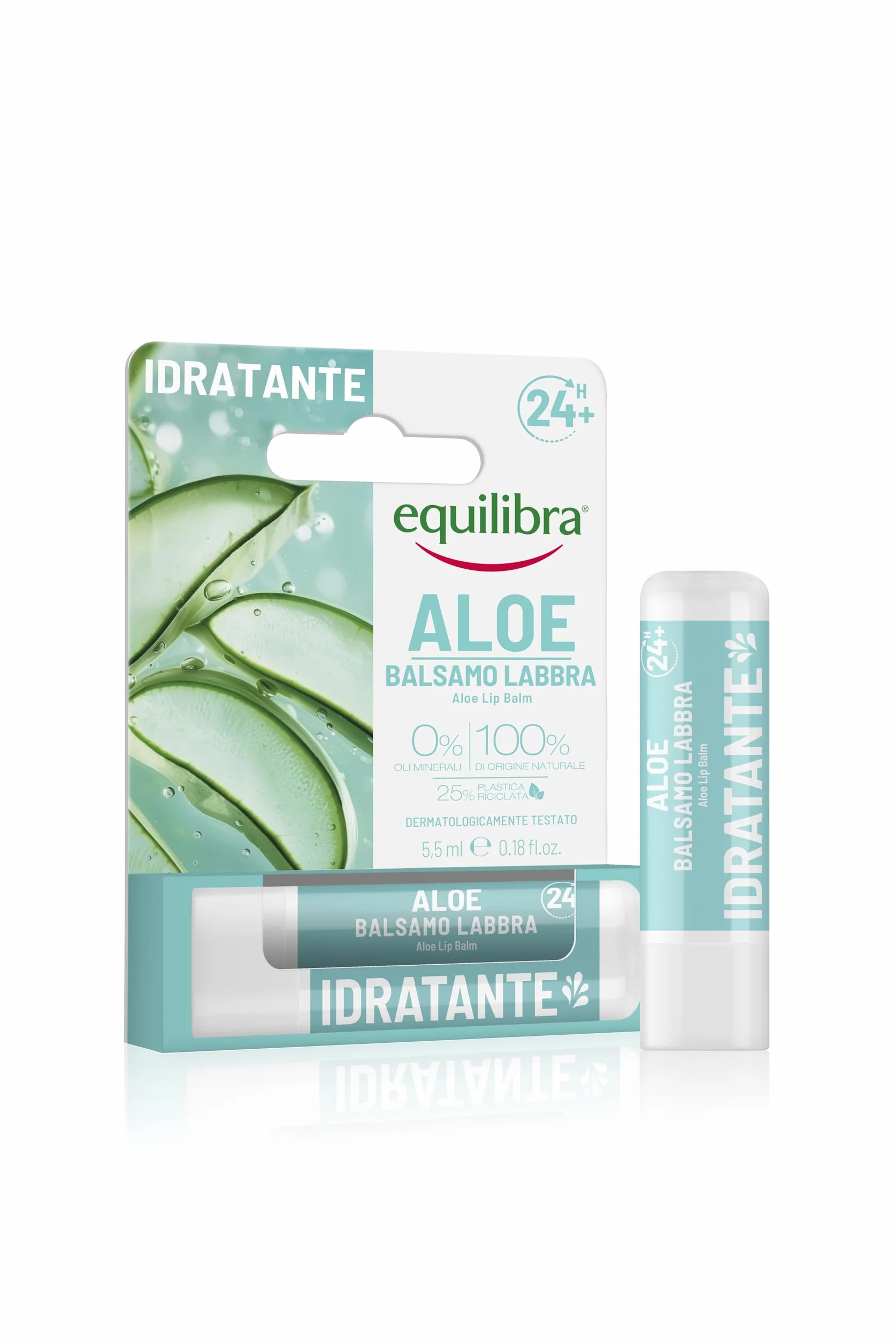 Equilibra, Aloe Balsamo Labbra, con Aloe Vera, Olio di Jojoba e Vitamina E, azione Idratante, Per labbra meno secche e screpolate, Delicatamente Profumato, 5,5 ml
