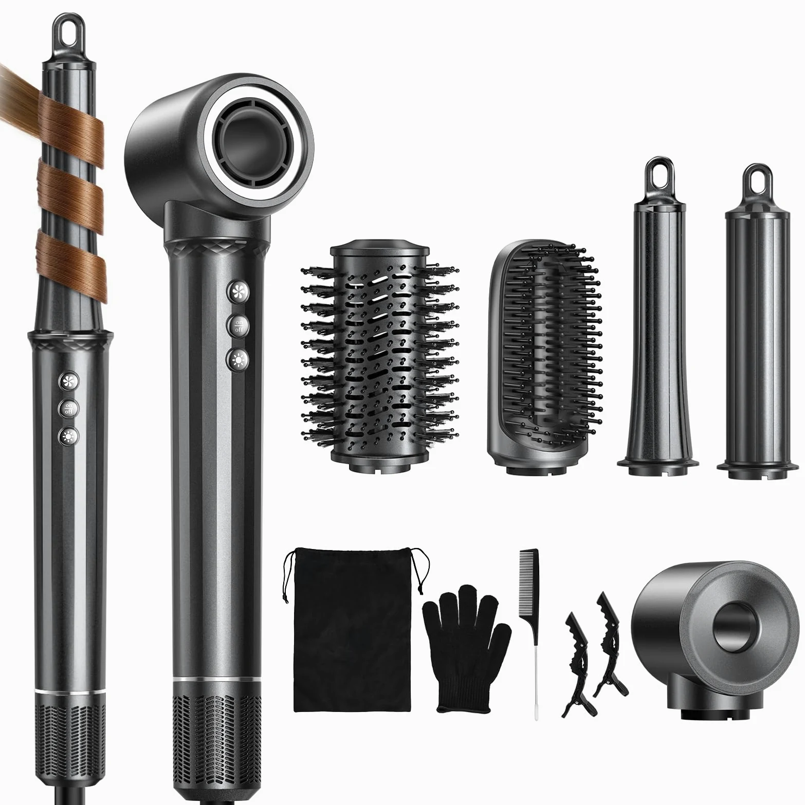 Asciugacapelli 5 in 1 ad aria calda Motore ad alta velocità | 30mm 38mm Arricciacapelli Spazzola Modellante Ad Aria Per Capelli Ricci Volumizzare Lisciante Asciugare Senza Danni da Calore