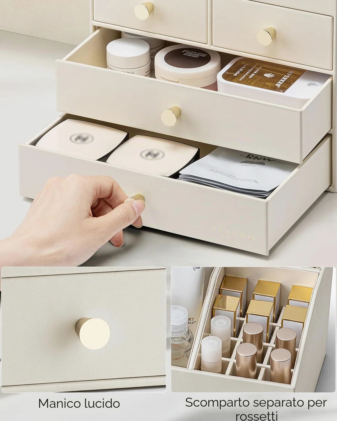 VLANDO Organizer per trucchi con 4 cassetti, grande organizer da tavolo da | Organizer per profumi, per la cura della pelle, accessorio da toeletta per rossetto, regalo, beige