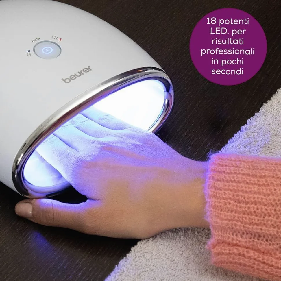 Beurer MP 48 Asciugatore Unghie per modellazione e indurimento Gel LED/UV, Funzione timer con 3 diverse impostazioni: 30, 60 e 120 sec, 18 potenti LED, fondo riflettente e design compatto, 24 W