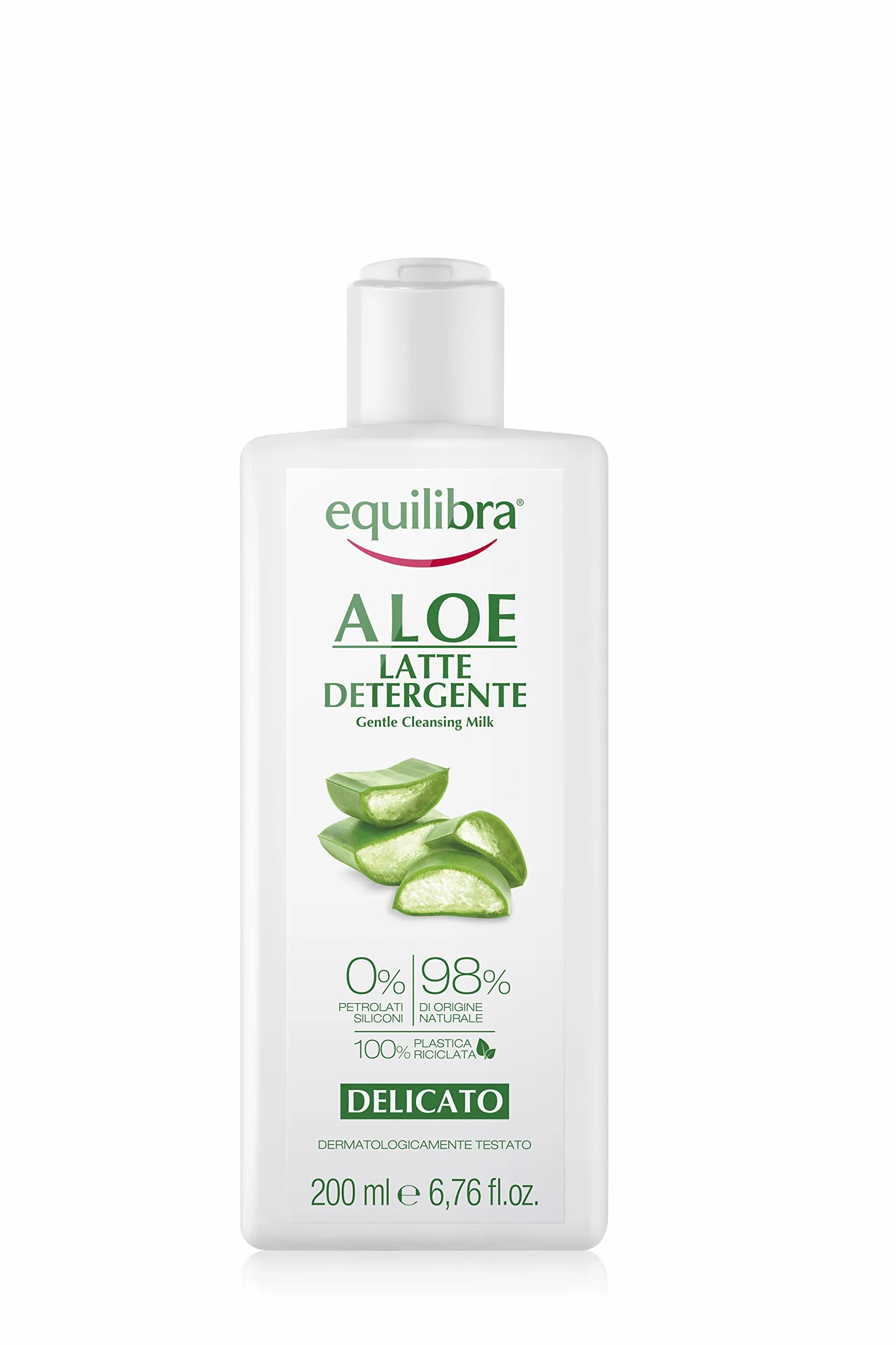 Equilibra Viso, Aloe Latte Detergente, Latte Detergente Viso Delicato a Base di Aloe Vera, Adatto a Pelli Sensibili, Struccante, Idratante, Lenisce e Riequilibra la Pelle, 200 ml