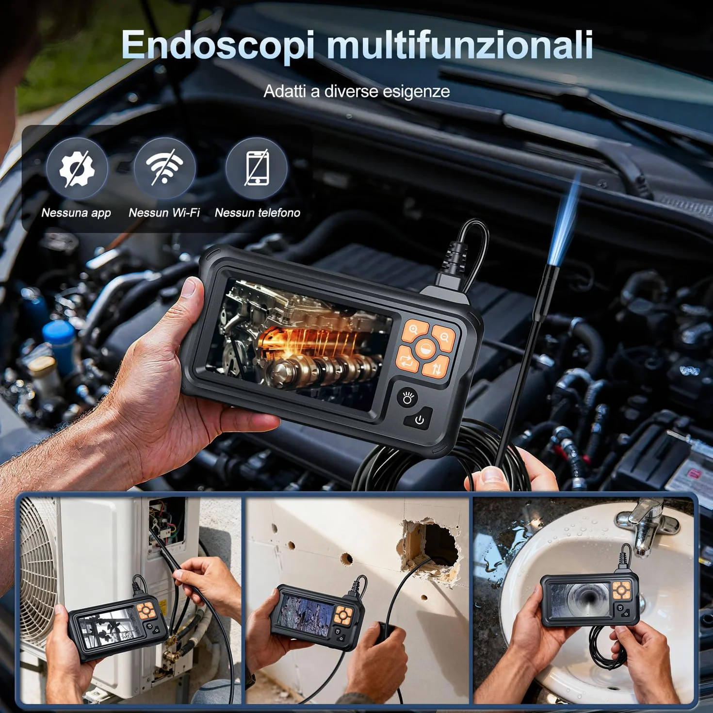 SKYBASIC Endoscopio Industriale HD 1080P 4,3 Pollici Schermo IPS IP67 Impermeabile 8 LED Cavo Semirigido 5M
