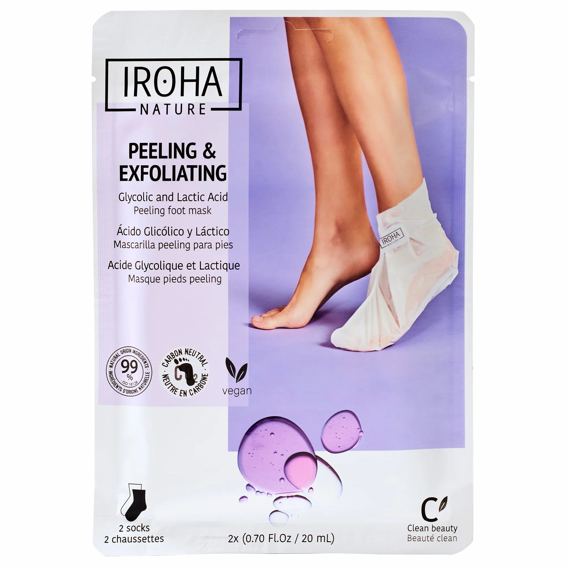 IROHA NATURE - Calzini Esfolianti | con Acido Glicolico, Lattico, Salicilico e Lavanda | Trattamento Intensivo per Piedi con Calli, Duroni e Screpolature | Formula Vegana | Risultati Provati.