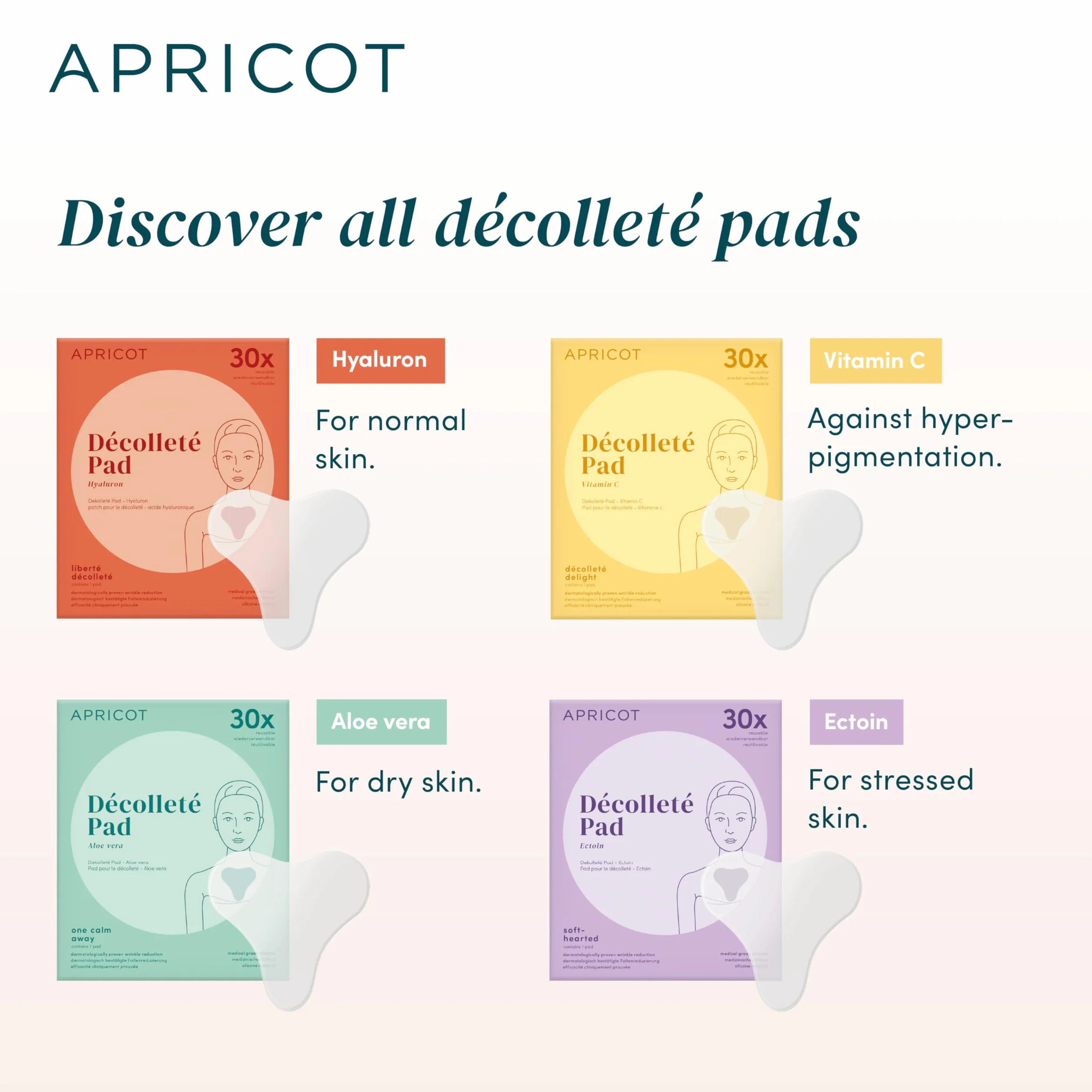 APRICOT decollete Pad antirughe in silicone medico con acido ialuronico a basso peso molecolare – Riutilizzabile fino a 30 volte, dermatologicamente confermato, vegano e senza sperimentazione su