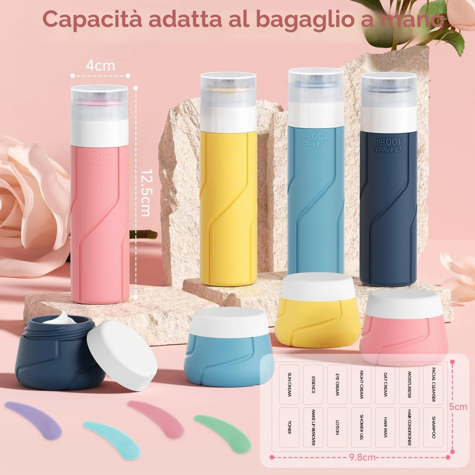 Alyvisun Set 14 Contenitori da Viaggio in Silicone, Flaconi 100 ml & Vasetti 30 ml, Kit Liquidi Antiperdita Ricaricabile per Shampoo, Lozione, Creme
