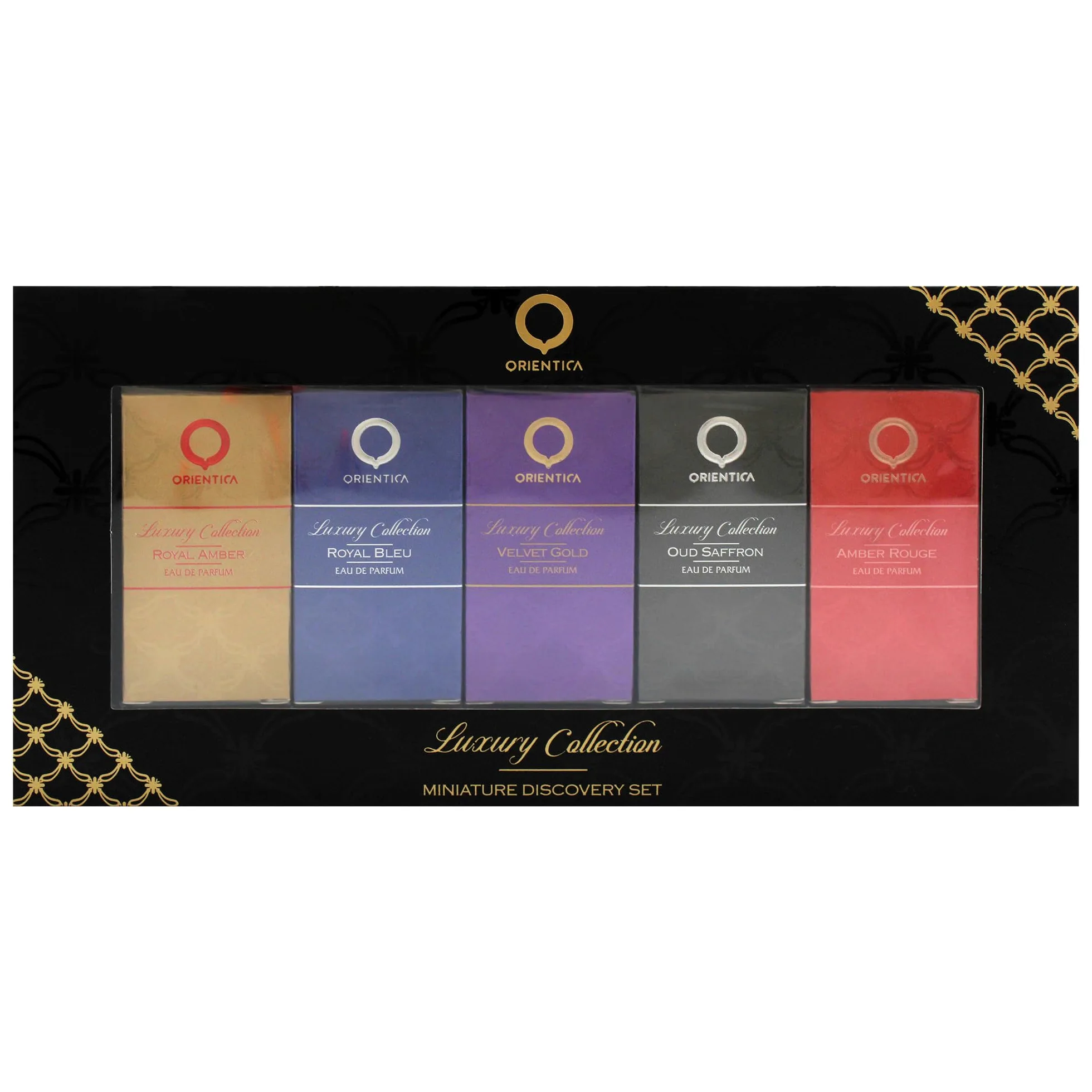 Orientica Luxury Collection Set Discovery Miniature Eau de Parfum 5 Pezzi (5 x 7.5 ml) – Amber Rouge, Royal Amber, Oud Saffron, Velvet Gold e Royal Bleu – Profumo Arabo Unisex per Donna e Uomo