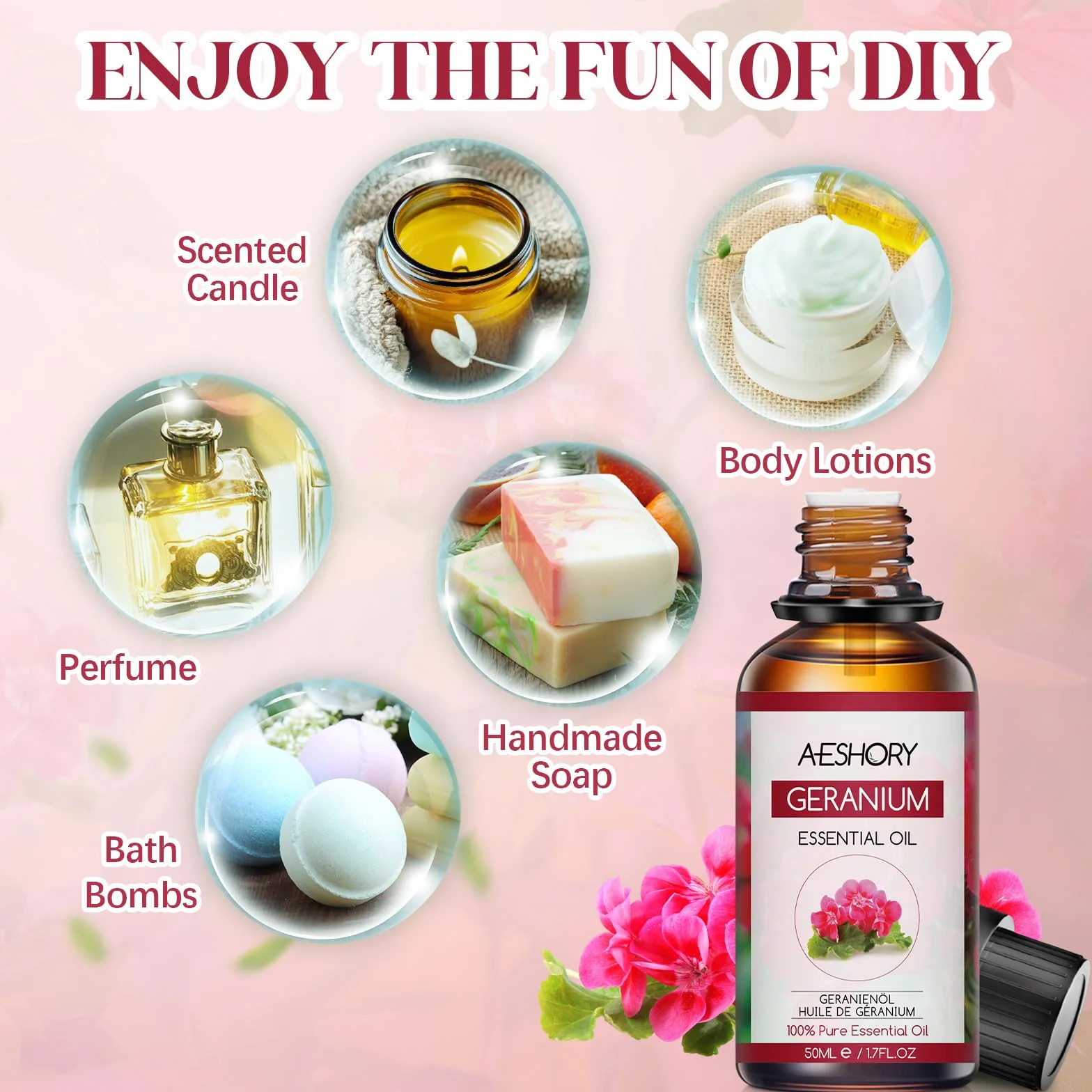 Olio Essenziale di Geranio 50ML, Olio di Geranio Naturale per Diffusori, SPA, Massaggio