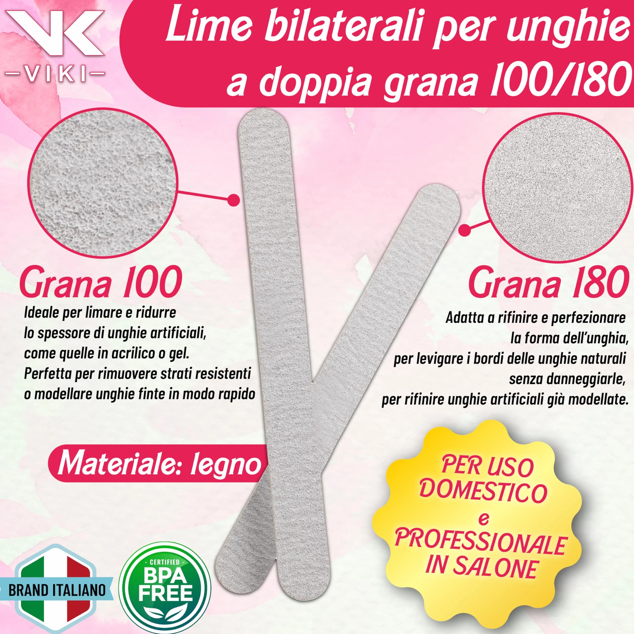 VIKI Set 100 Lima Unghie Professionale 100/180 Doppia Grana, Lime Unghie per Manicure e Pedicure, Unghie Naturali, Gel, Acrilico e Semipermanente, Lime Delicate e Resistenti ideale per centri estetici