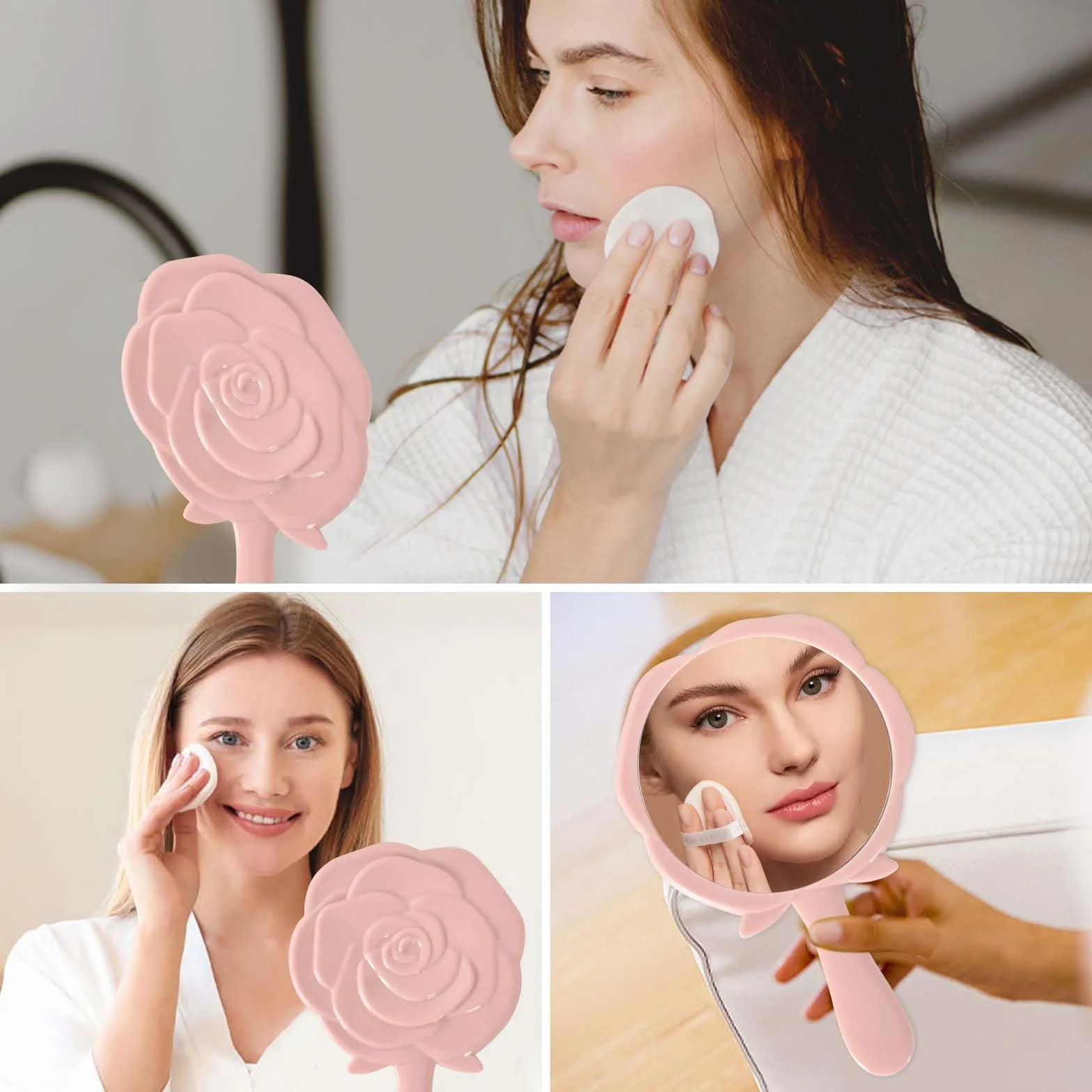 Specchio Portatile a Forma di Rosa, Specchio da Tavolo con Manico, Specchio da Viaggio per Casa e Viaggi, Rosa