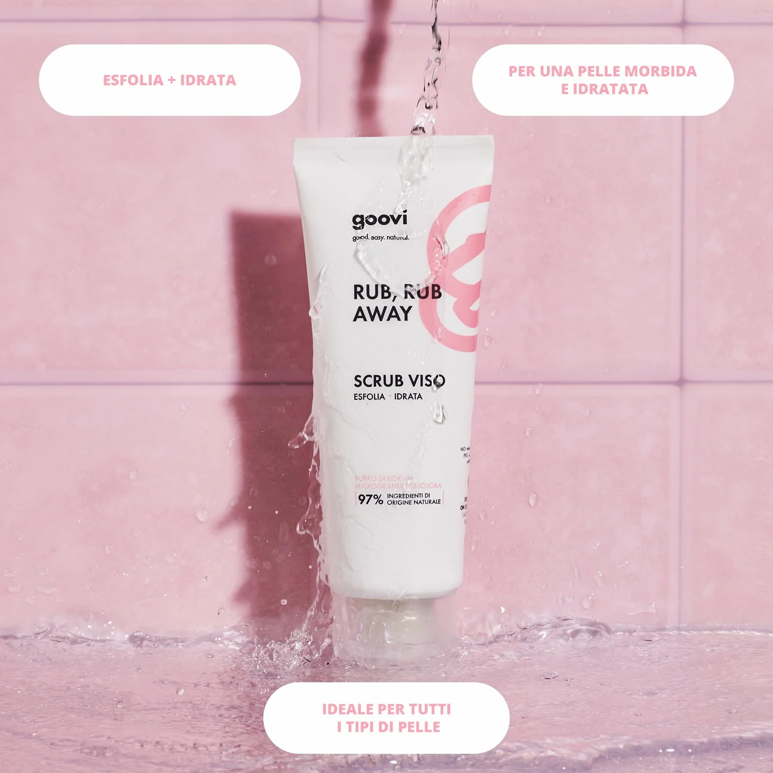 Goovi, Rub Rub Away Scrub Viso Delicato, Esfoliante e Idratante con Burro di Kokum e Olio di Cotone Antiossidante e Rigenerante, Formula con Microgranuli di Jojoba Effetto Peeling, Formato da 75 ml