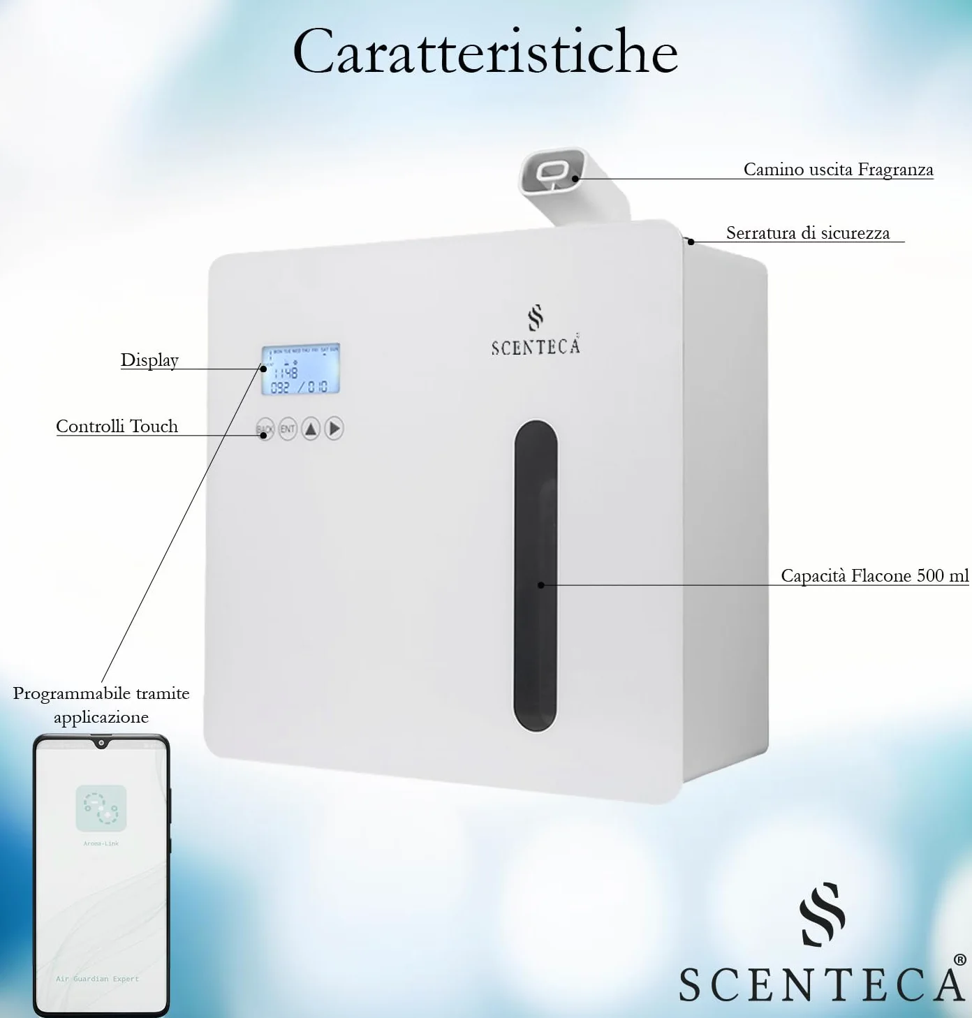 SCENTECA Diffusore elettrico Mod. AD-P7 di oli essenziali a nebulizzazione, con fragranza Tè Bianco e Fiori di Primavera inclusa, copre fino a 300 mq, per casa e ufficio (100 ml)