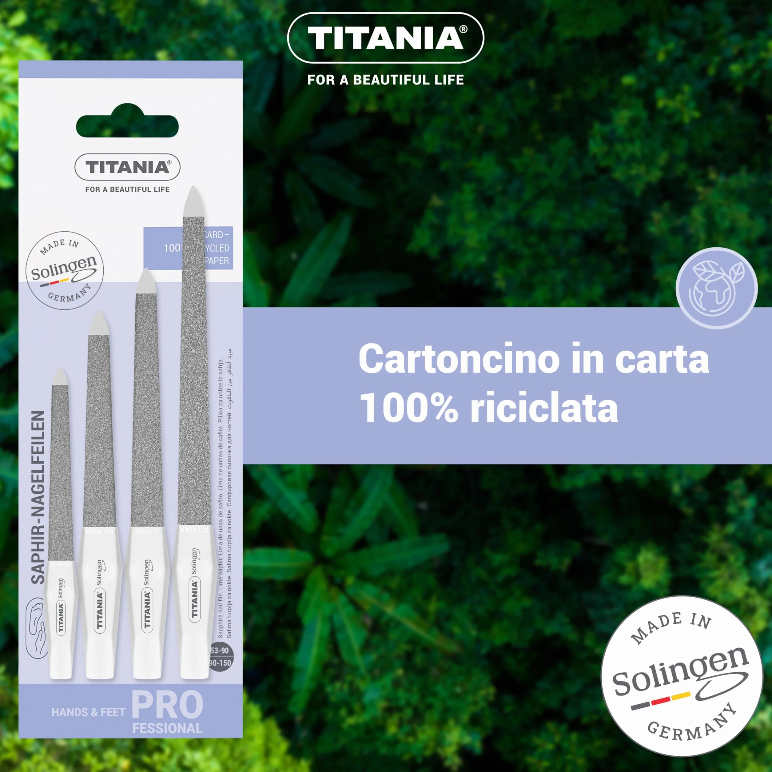 TITANIA® Solinger Saphir - Set di 4 lime per unghie professionali (12/15/17/20 cm) con manico bianco - Lima per unghie e unghie naturali - Lime di alta qualità per manicure e pedicure