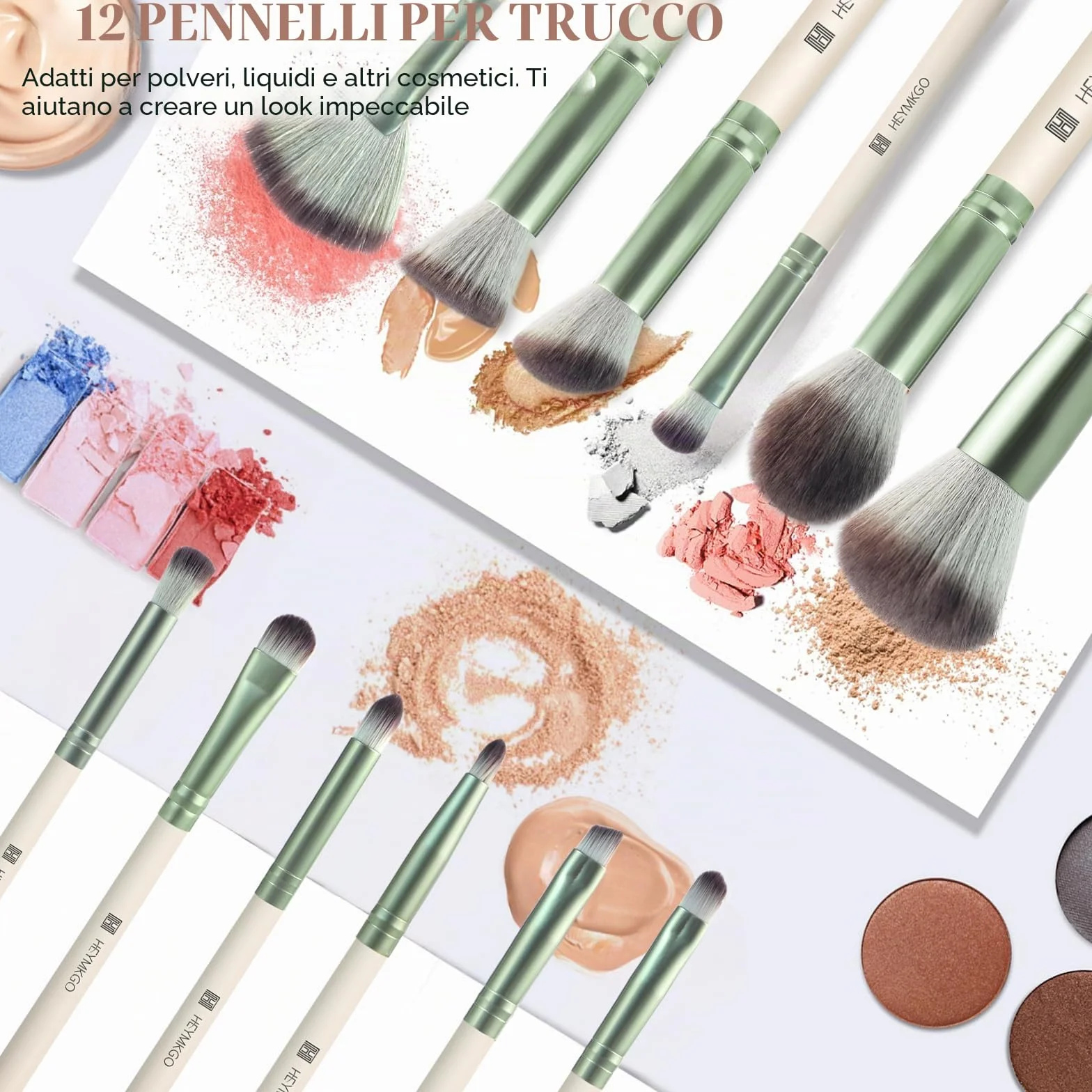 HEYMKGO Pennelli Make Up 12PCS Set di pennelli professionali per il trucco Premium sintetici per fondotinta polvere fard labbra ombretto sopracciglia kit di pennelli per il trucco con borsa da viaggio