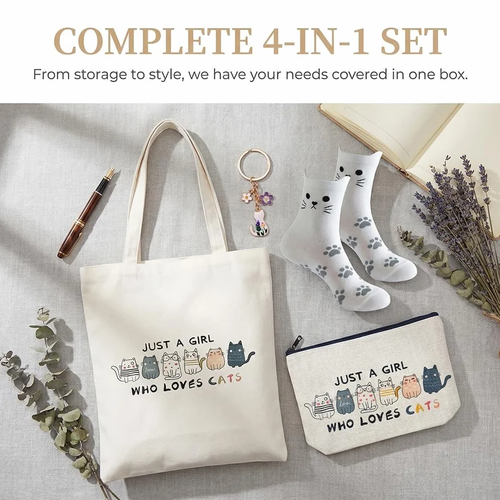 Set Regalo ：Borsa Tote Canvas, Borsetta per Trucco, Calzini & Braccialetto - Regalo per Donne, Ragazze