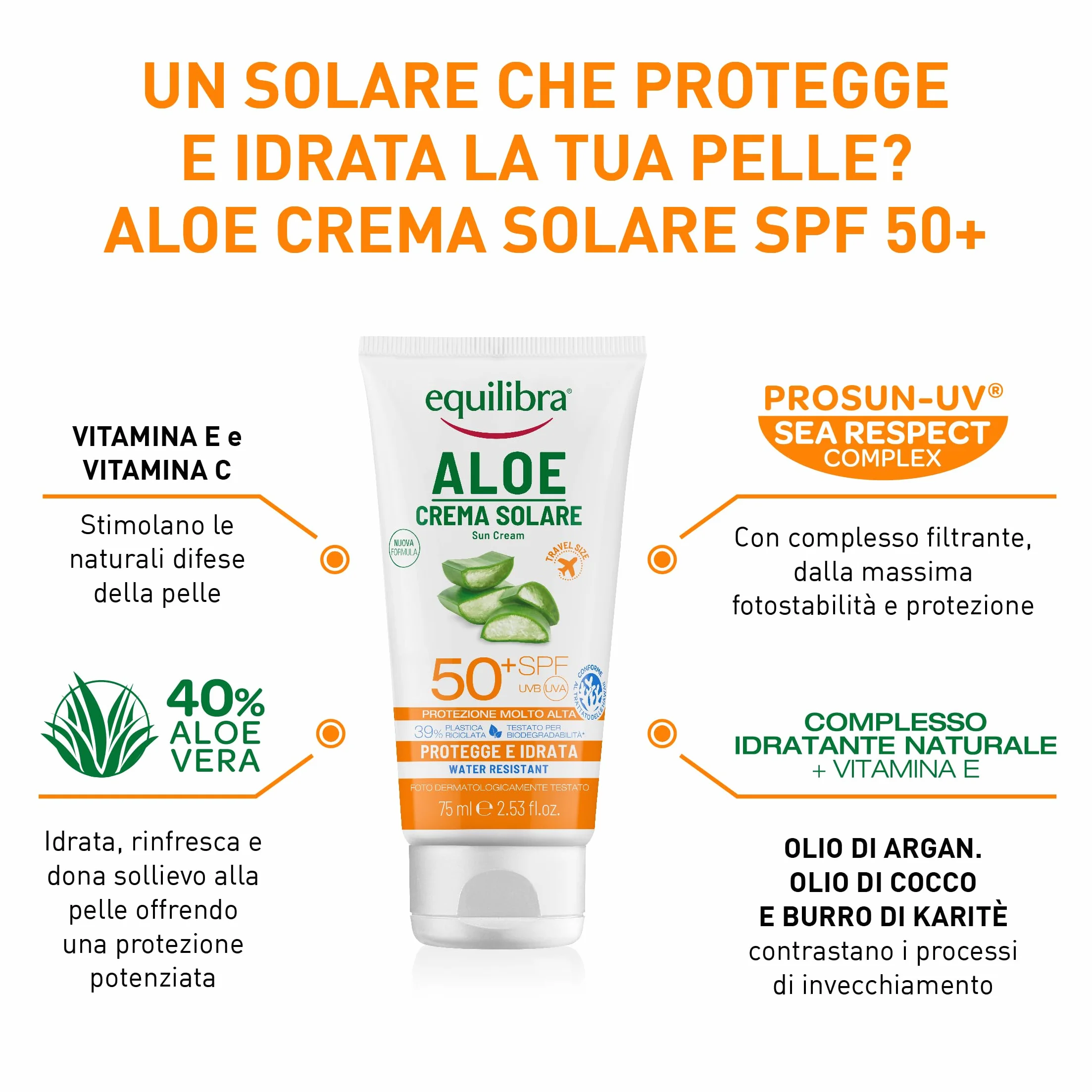 Equilibra Solari Aloe Crema Solare SPF 50+ Travel Size 75ml Water Resistant