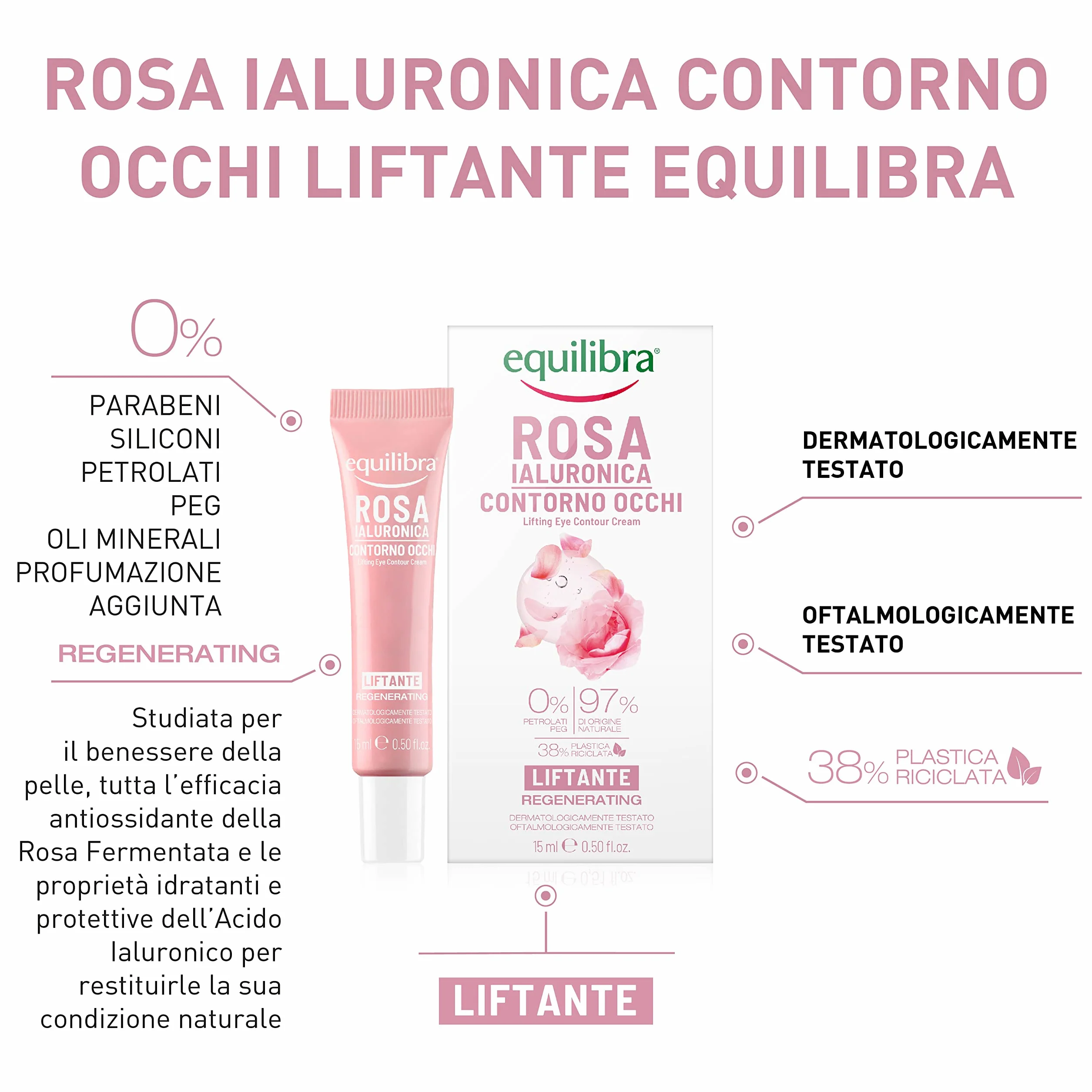Equilibra Viso, Rosa Ialuronica Contorno Occhi Liftante, Siero Contorno Occhi a Base di Estratto di Rosa Damascena, Acido Ialuronico, Attivo da Semi di Sesamo e Microalghe, Effetto Lifting, 15 ml