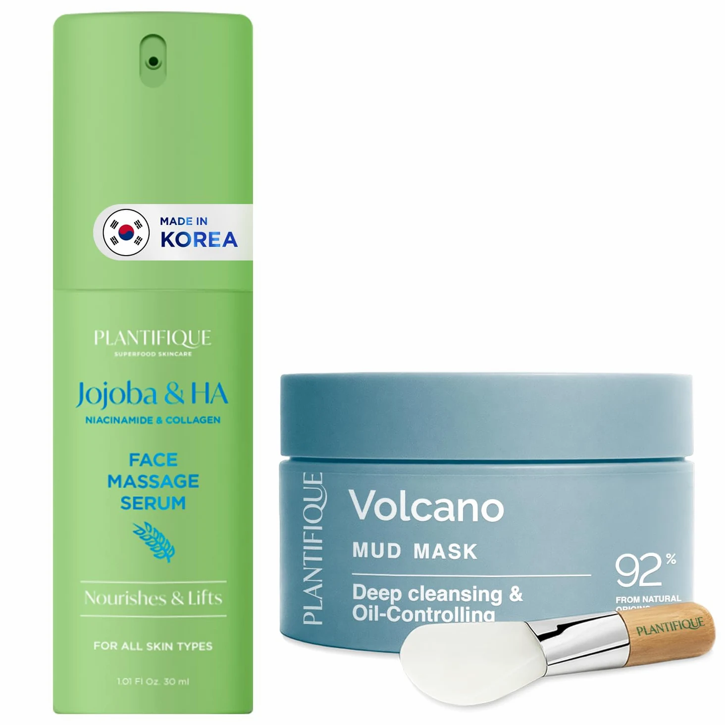 PLANTIFIQUE Maschera Viso Coreana Argilla Vulcanica - Purifica, Affina Pori, Idrata e Calma - 110 g & Siero Viso Jojoba Massage Bio Oil - Olio Puro Massaggiatore per Gua Sha 30 ml