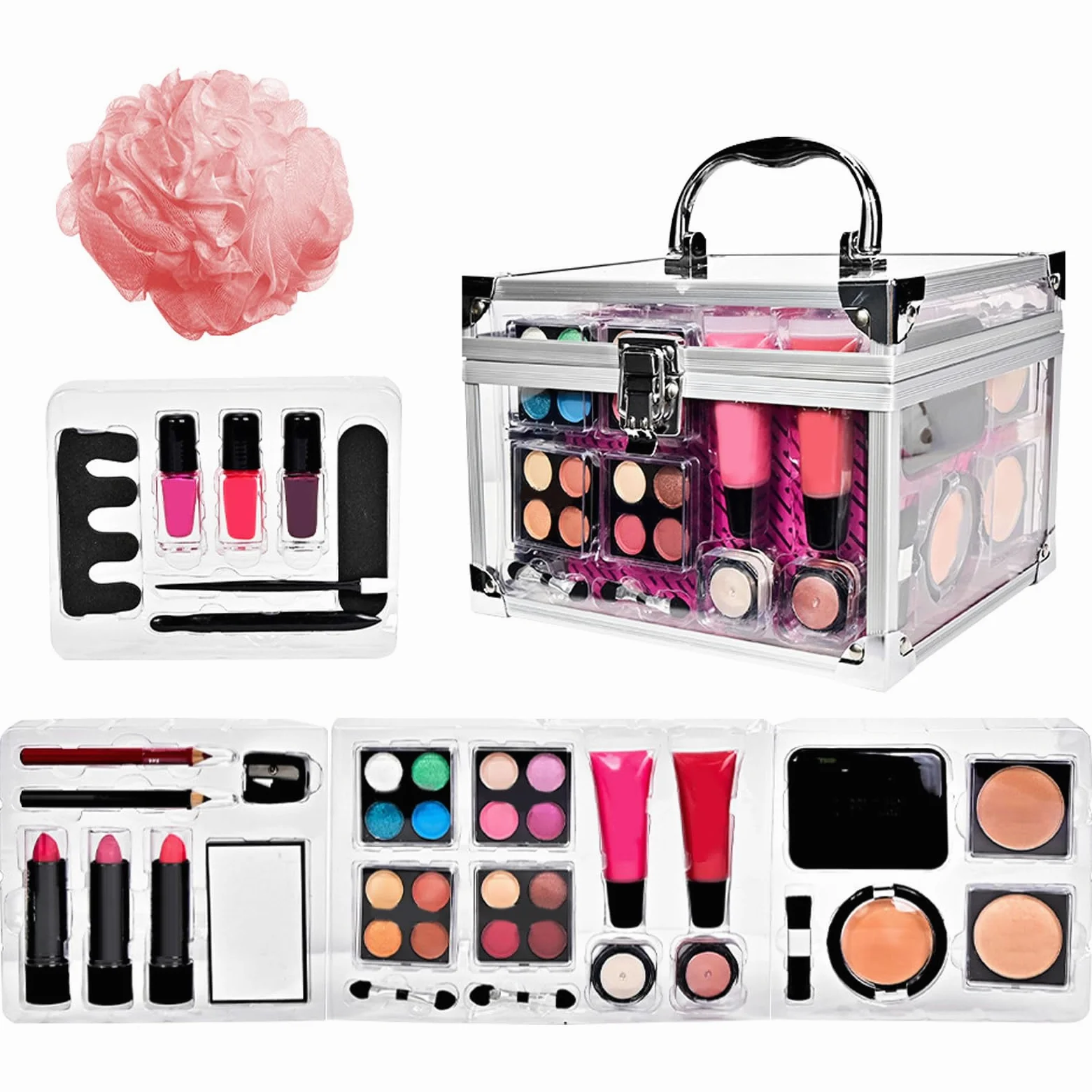 Kit Trucco per Principianti Set Da Viaggio Compatto Con | Portatrucchi con Ombretti Fard Pennelli per Adolescenti Viaggio Teatro Matrimonio Sposa Halloween