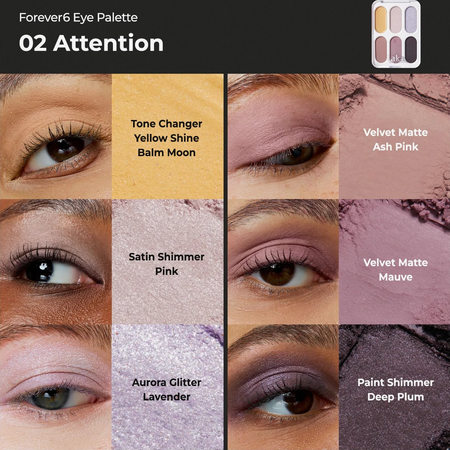 Laka Forever 6 palette di ombretti, 6 tonalità opache, luccicanti e scintillanti, a strati, colori facili da sfumare per un look quotidiano e vivace, vegano, K-Beauty