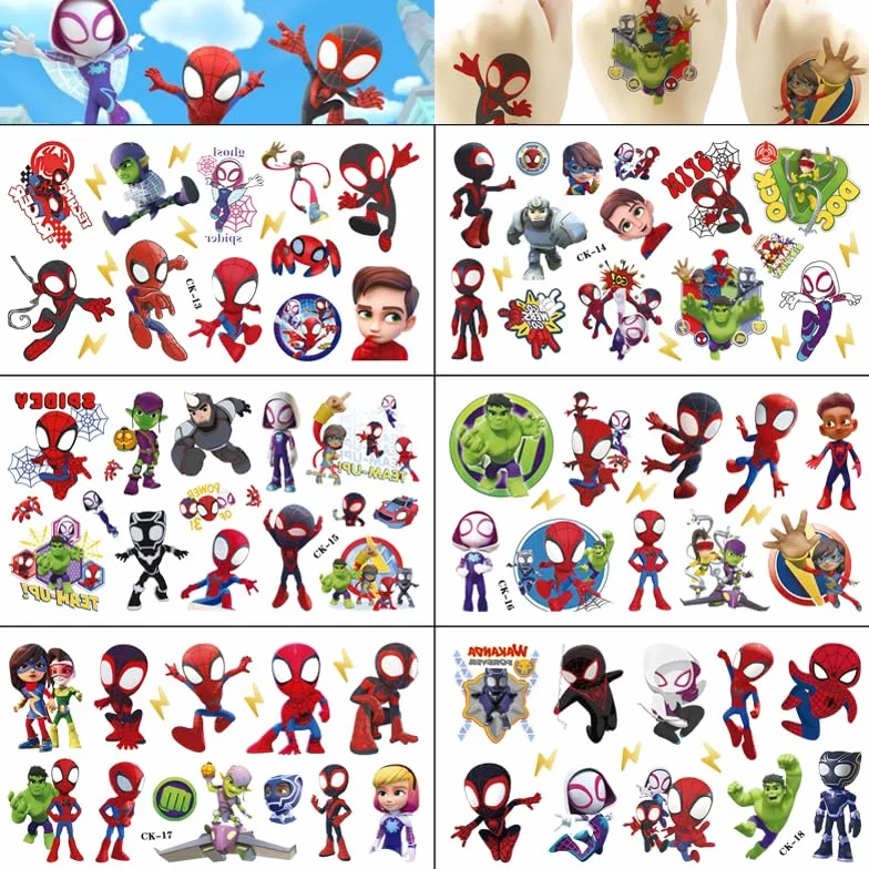 Amazing Friends - 100 tatuaggi temporanei per bambini, motivo: Spidey e i suoi super amici, 6 fogli