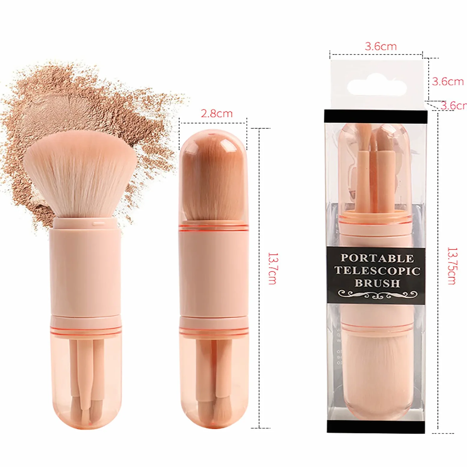 Pennello per Il Trucco, 4 in 1 Pennello Portatile da Viaggio Retrattile per Viso, Fard, Correttore, Ombretto Pennello per Fondotinta Cosmetici di Bellezza