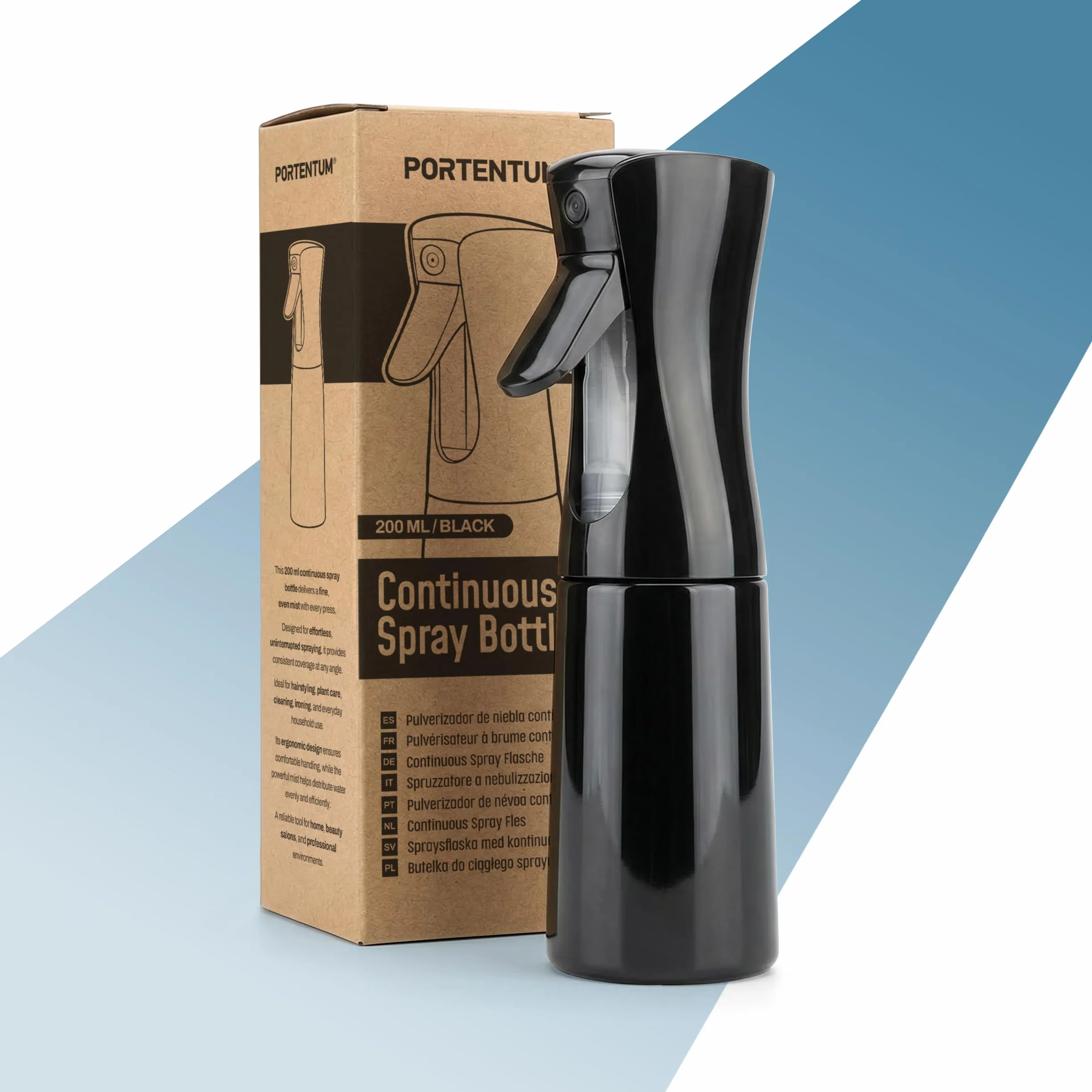 PORTENTUM Spruzzatore acqua 200 ml Vaporizzatore ricaricabile a nebbia fine spruzzo continuo ergonomico