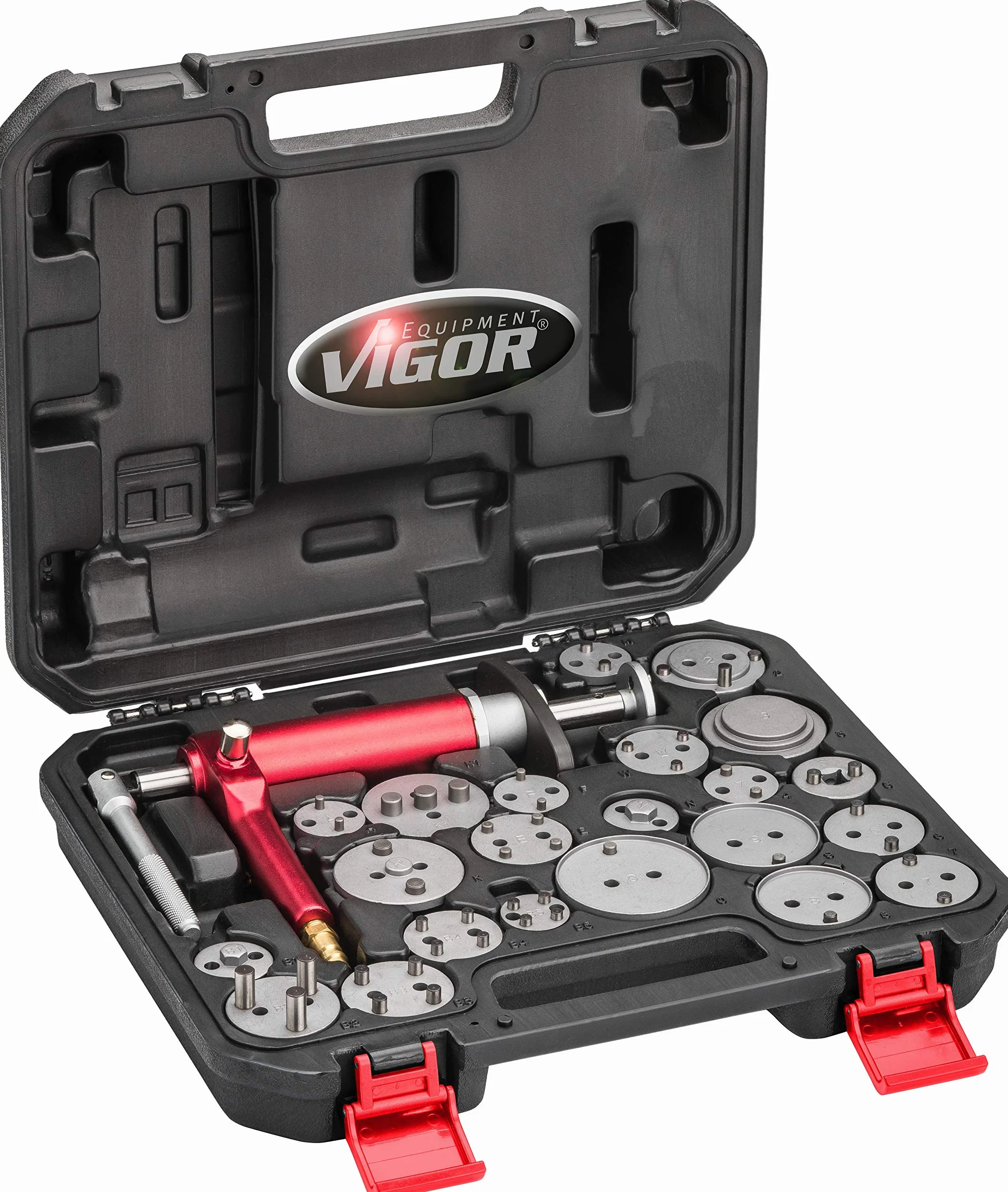 ViGOR - Set di utensili pneumatici da 23 pezzi, per la rotazione e la pressione dei pistoni dei freni di varie autovetture come VW, Audi, BMW e Mercedes'.