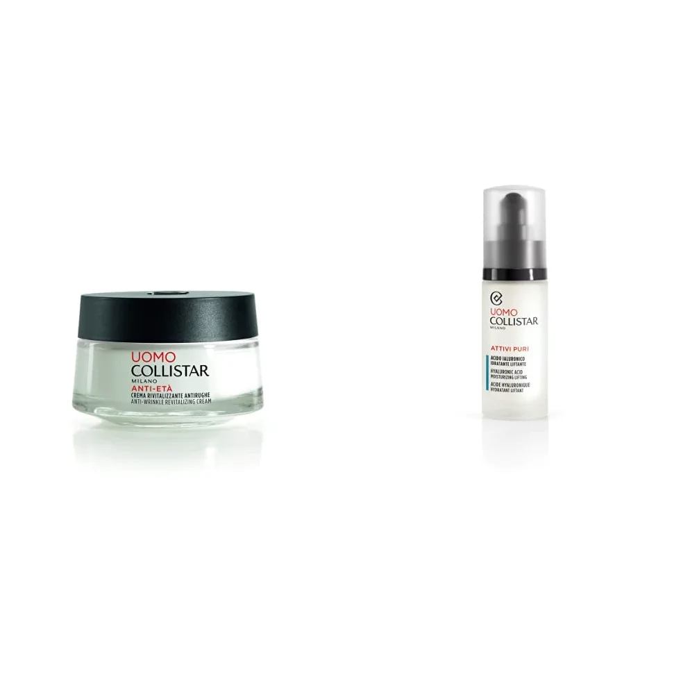 Collistar Linea Uomo Crema Antirughe Rivitalizzante, Previene le Rughe e Rimpolpa Quelle Esistenti dall'interno, 50 ml & Attivi Puri Uomo Siero Acido Ialuronico Idratante Liftante, 30 ml