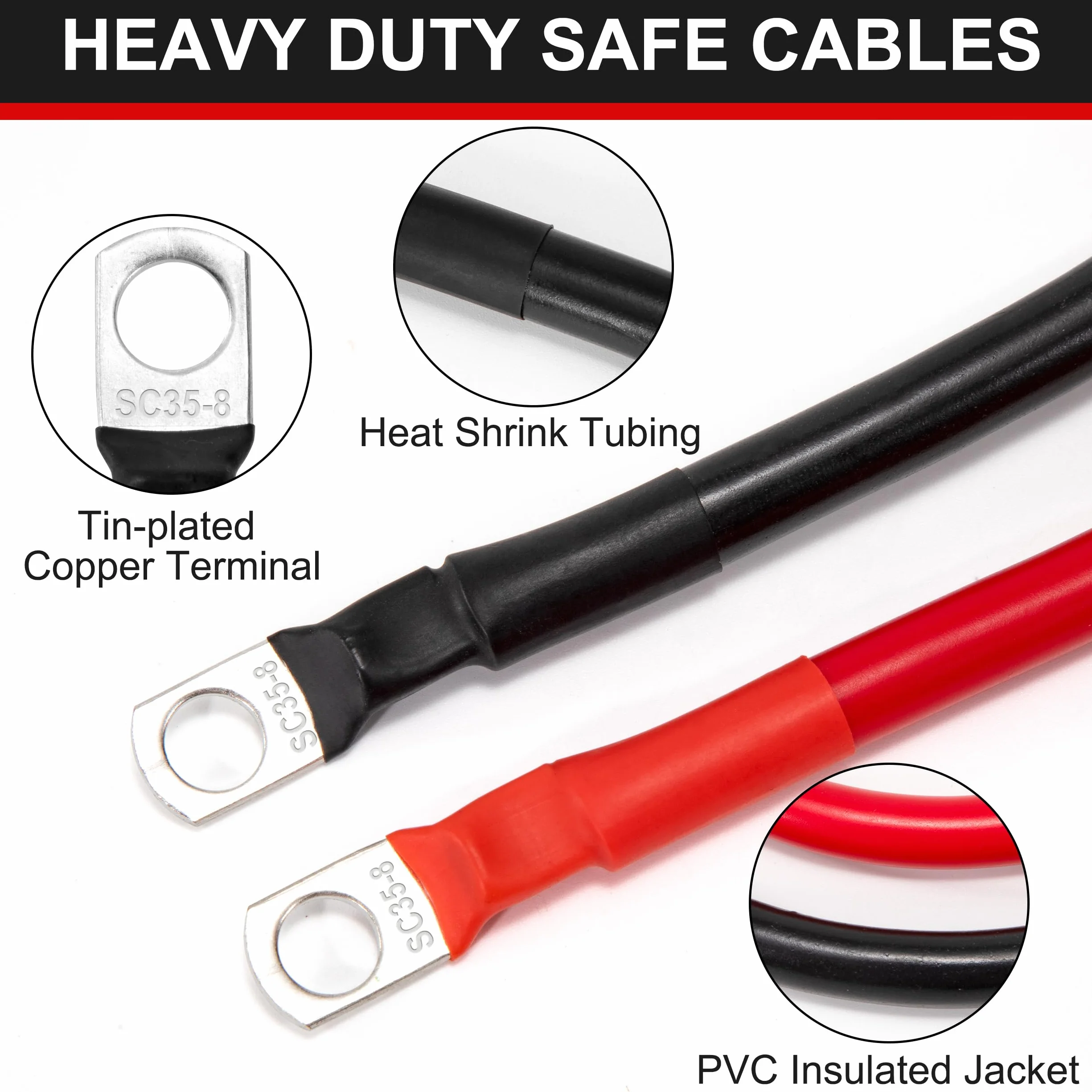 Cavi Batteria Auto 50cm 35mm² 2AWG 12V con Capicorda M8 per Camion Moto Marina Solare Nero e Rosso