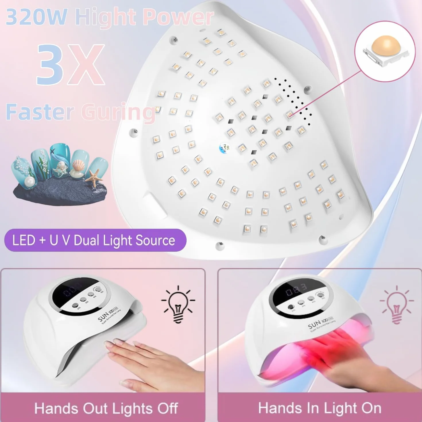 Lampada UV LED 320W 72 LED per Unghie, Sensore Automatico, 4 Timer, Asciugatura Rapida per Mani e Piedi