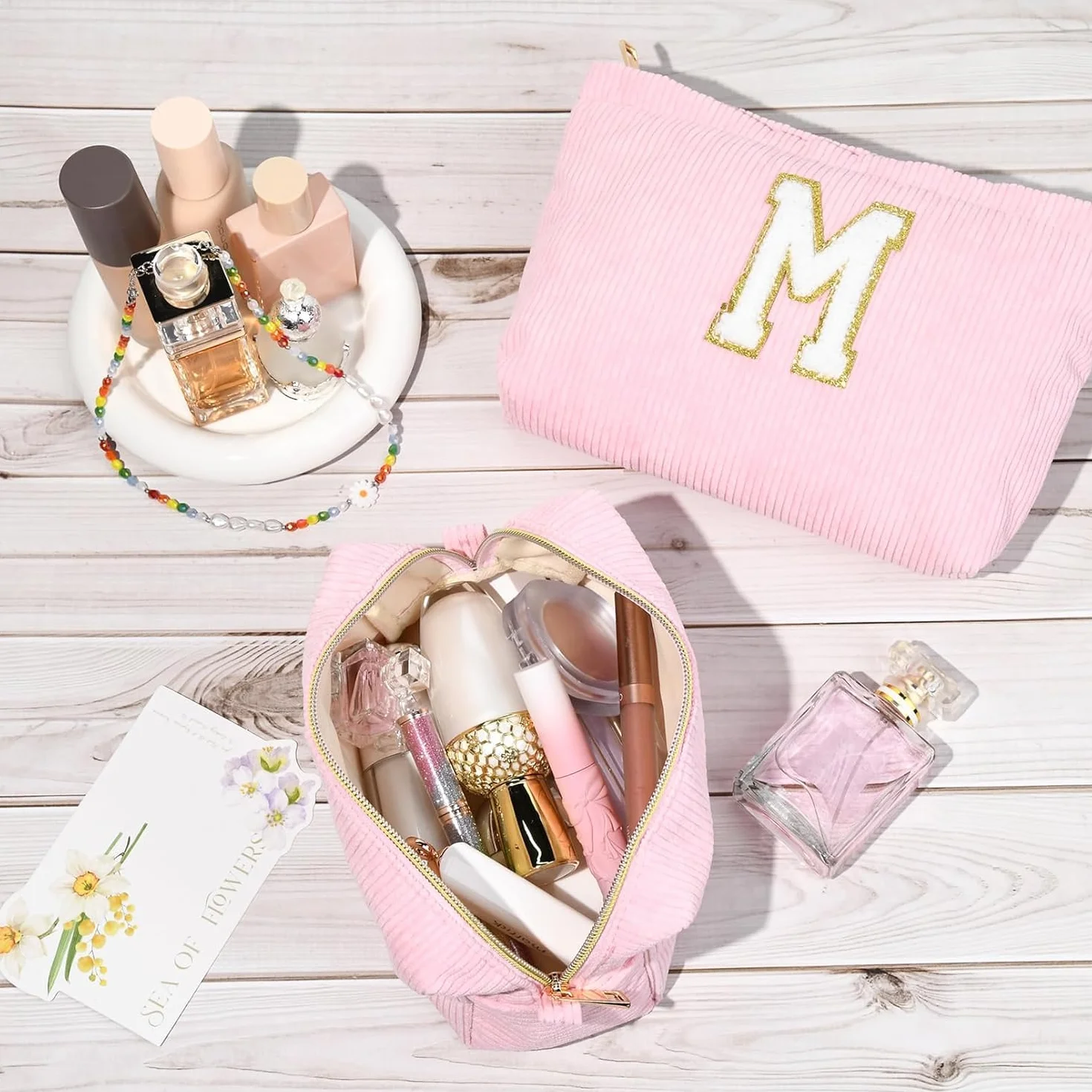 Borsa per Cosmetici Donna Iniziale Pochette Trucchi Viaggio Trousse Organizer Grande Rosa Beauty Case Regalo(M)