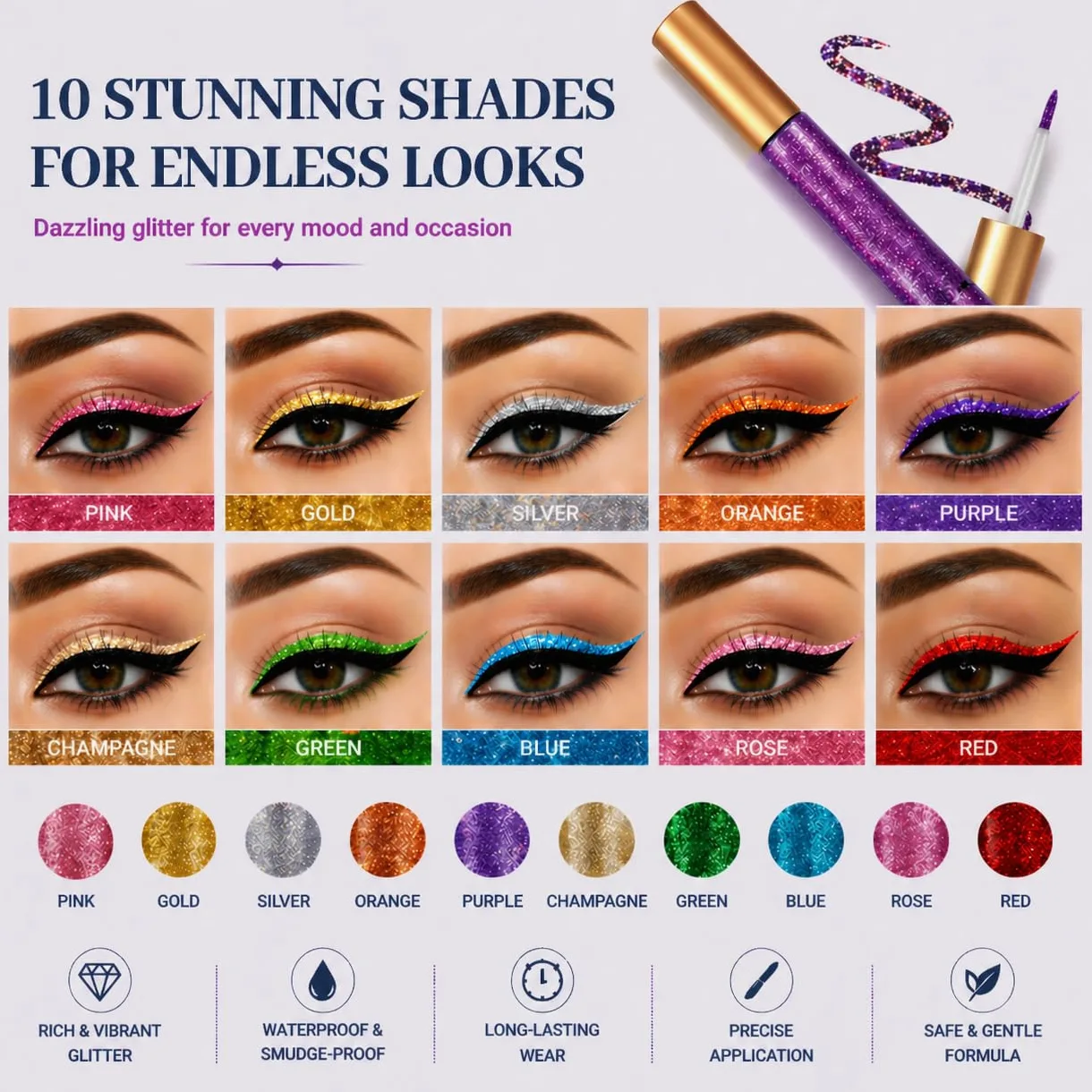 BestLand 10 colori Liquid Glitter Eyeliner Set Metallico Shimmer Glitter Ombretto Pigmento Sopracciglio Shimmer Arancione Oro Verde Impermeabile Colorato Eye Liner
