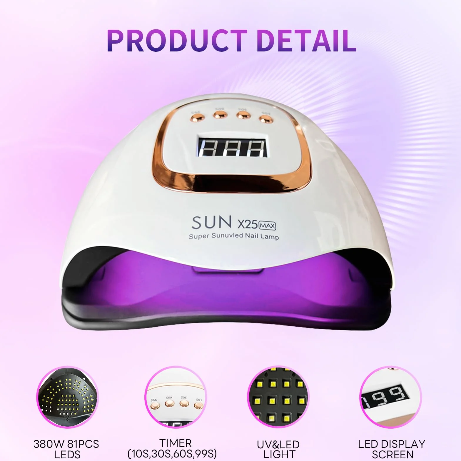 Lampada UV-LED per unghie da 380W, con 81 perle LED, asciuga smalto professionale, gel per unghie, luce UV con 4 impostazioni timer, sensore automatico, display LCD