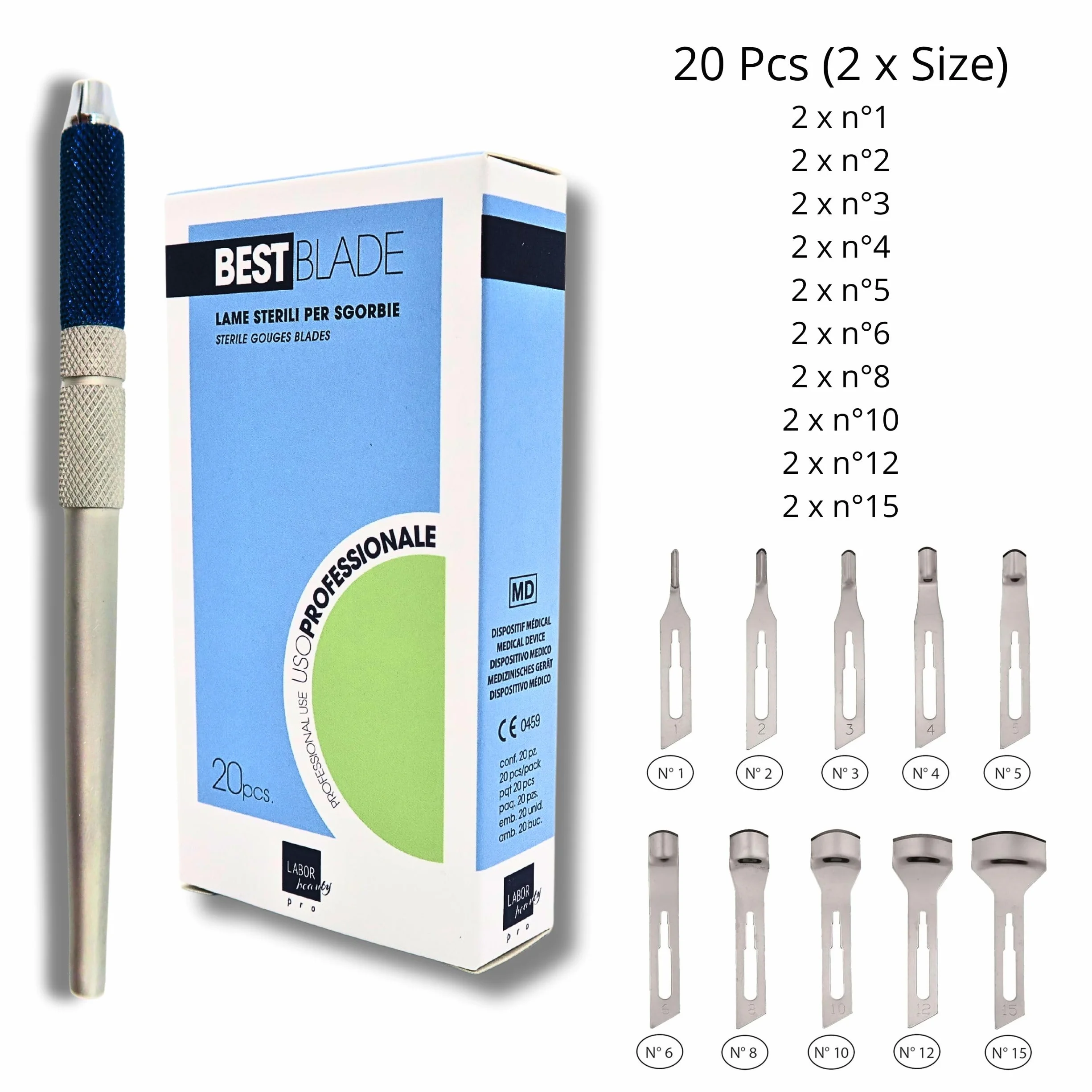 Start Kit Pedicure Professionale – Lame Sgorbia Best Blade + Manico Porta Lama in Alluminio – 20 Lame Assortite
